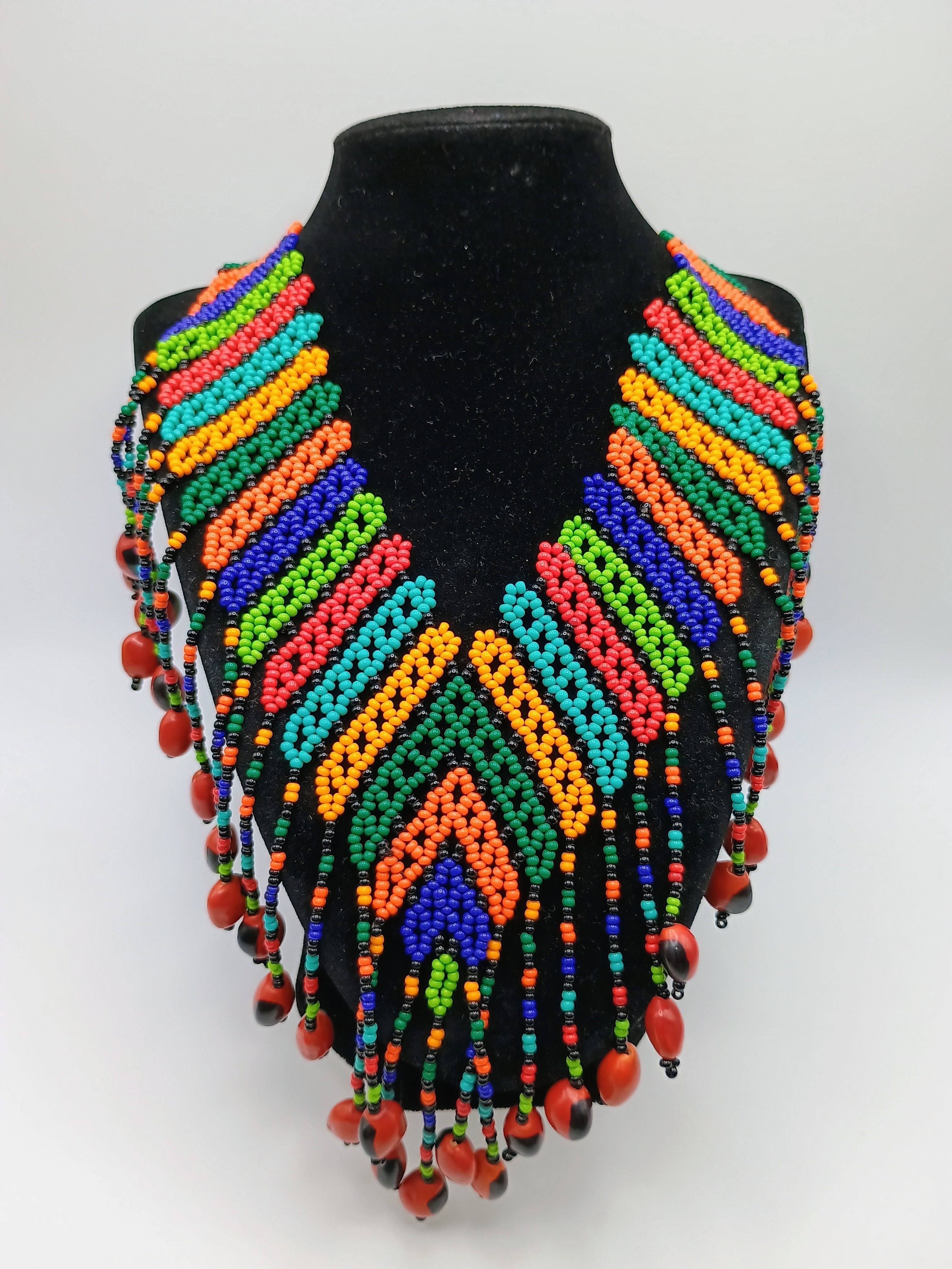 Handmade Necklace with Multicolored Beads and Huayruro Seeds Geometric Design