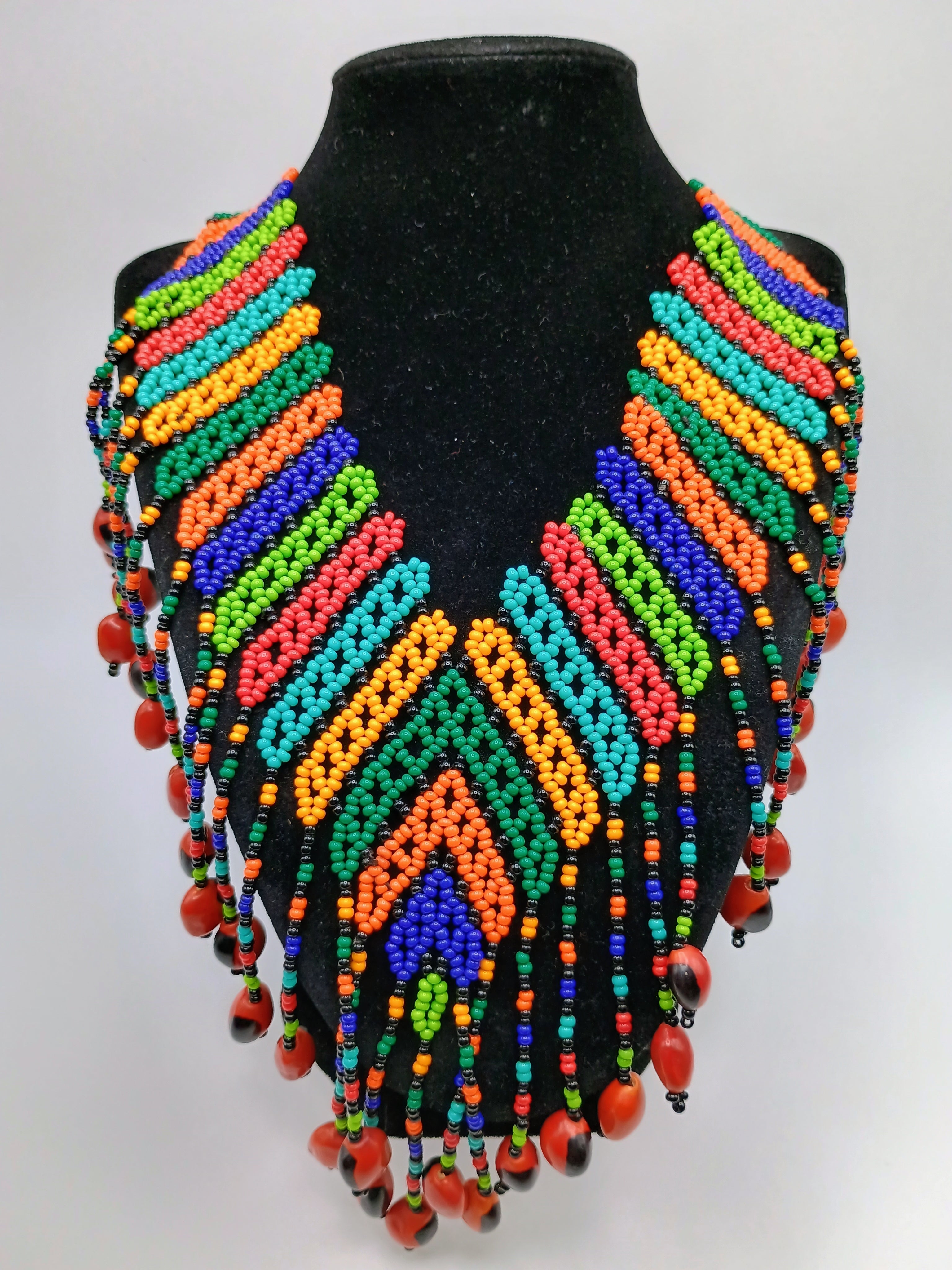 Handmade Necklace with Multicolored Beads and Huayruro Seeds Geometric Design
