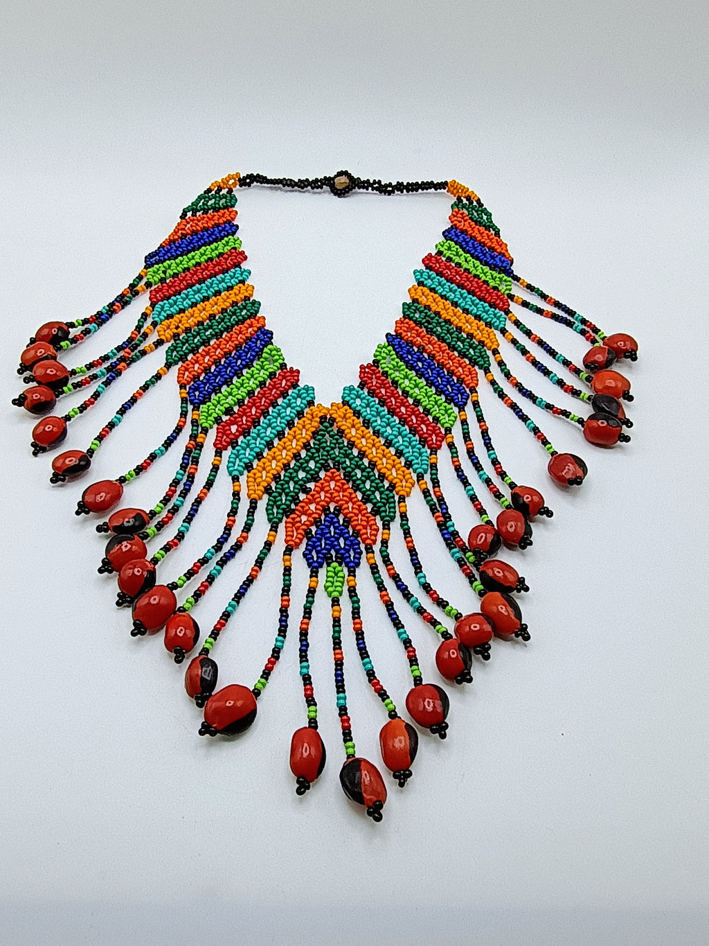 Handmade Necklace with Multicolored Beads and Huayruro Seeds Geometric Design