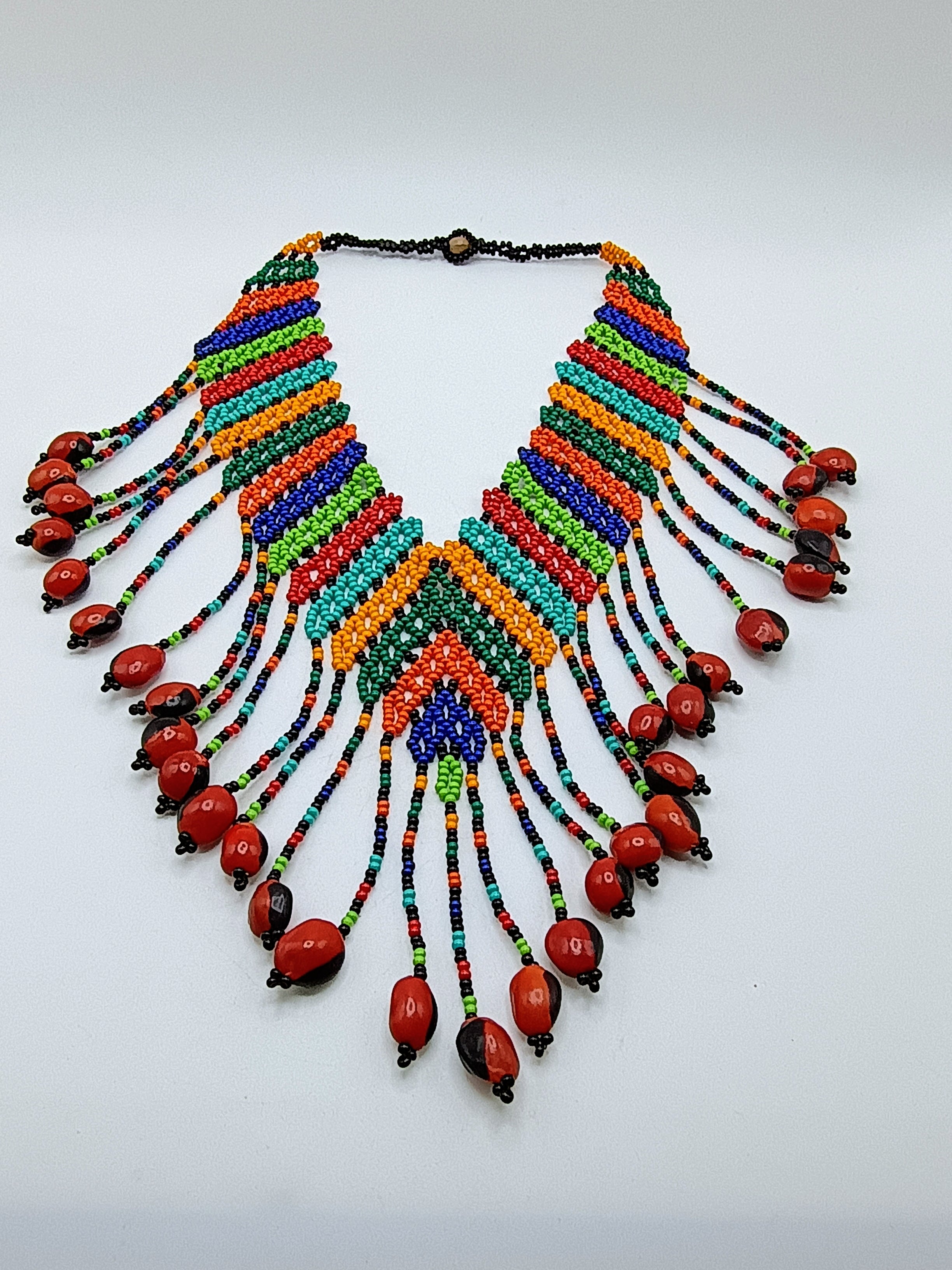 Handmade Necklace with Multicolored Beads and Huayruro Seeds Geometric Design
