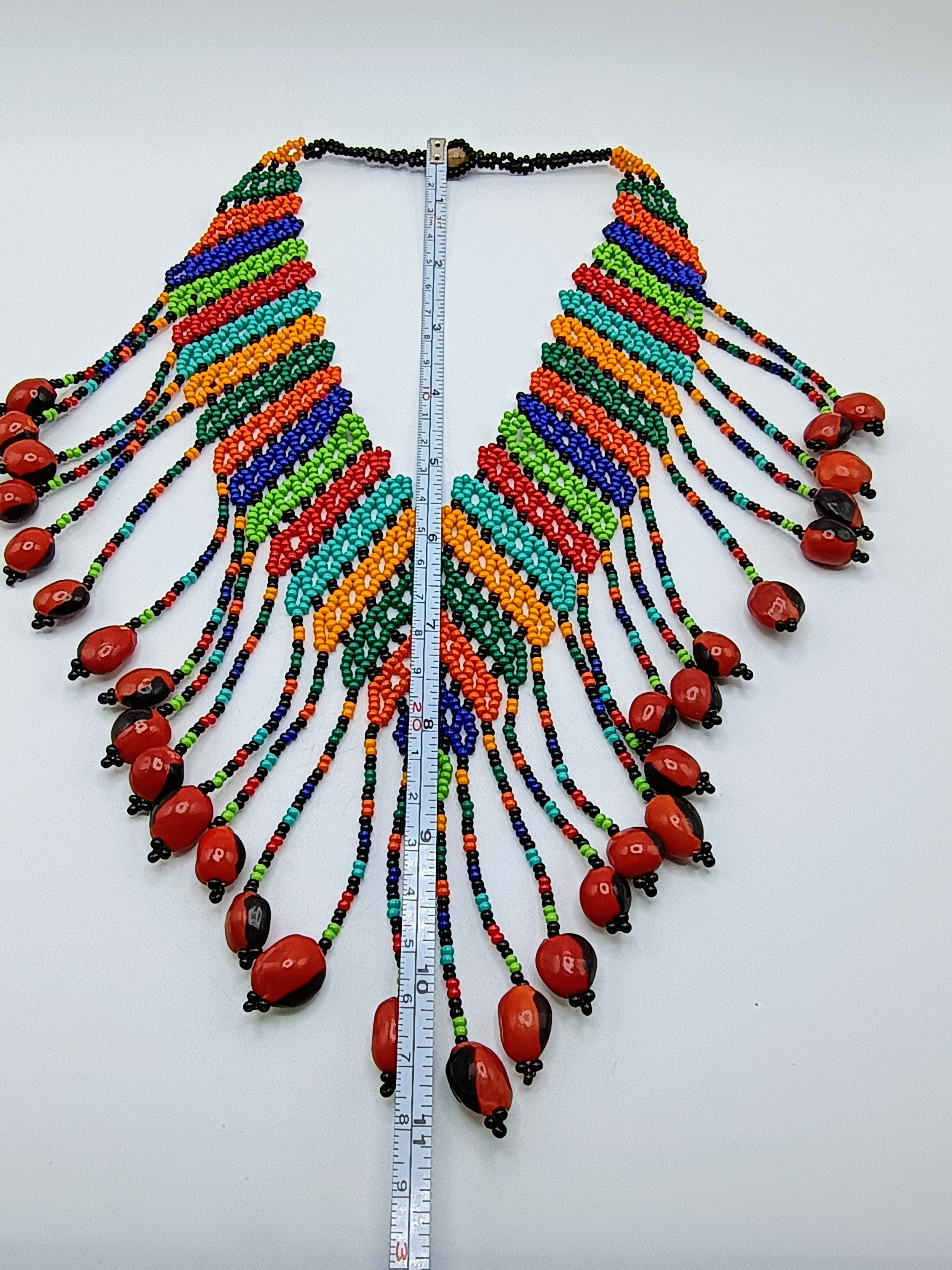 Handmade Necklace with Multicolored Beads and Huayruro Seeds Geometric Design