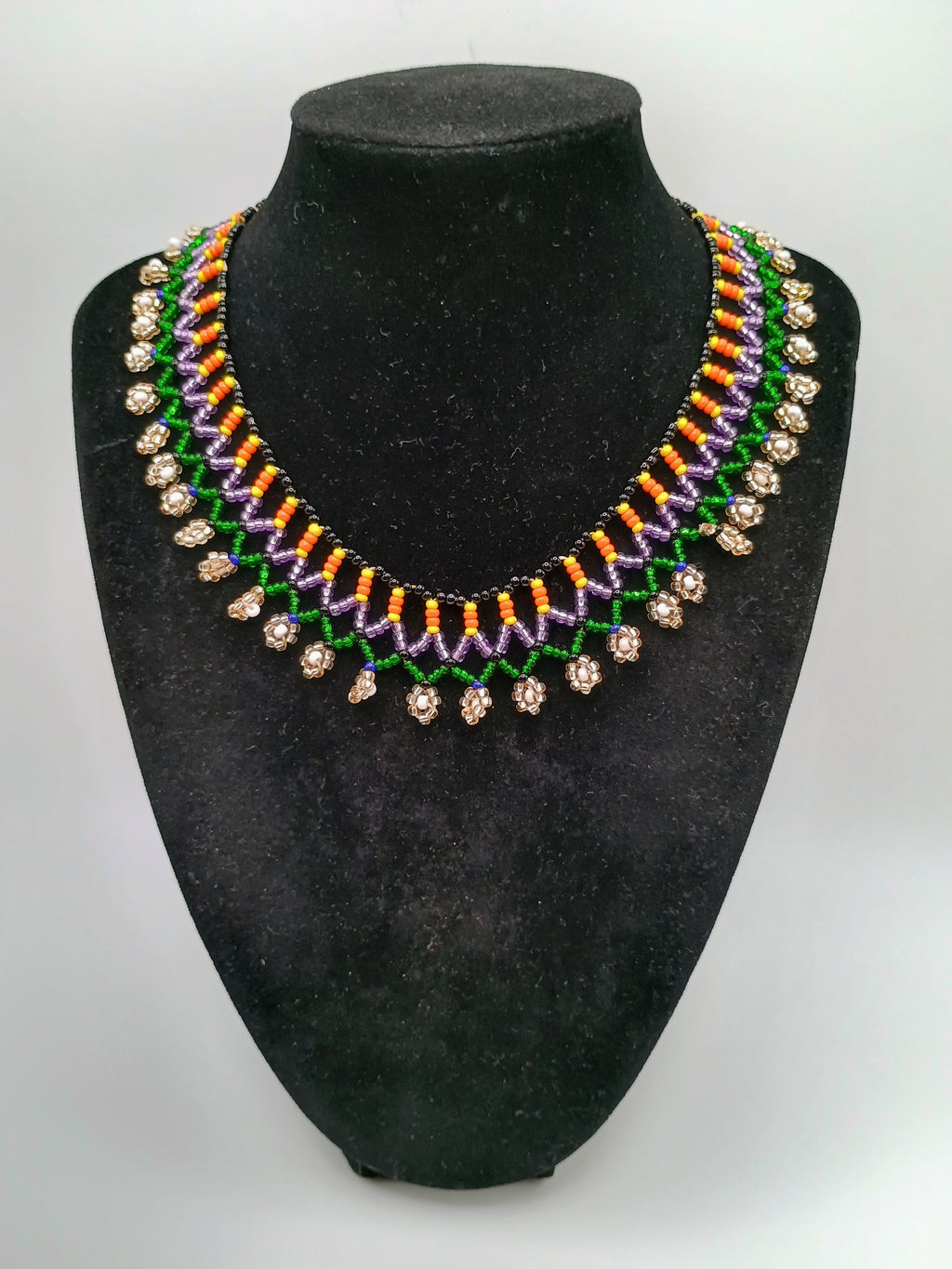 Beaded Necklace, Multicolor Choker, Geometric Floral Design