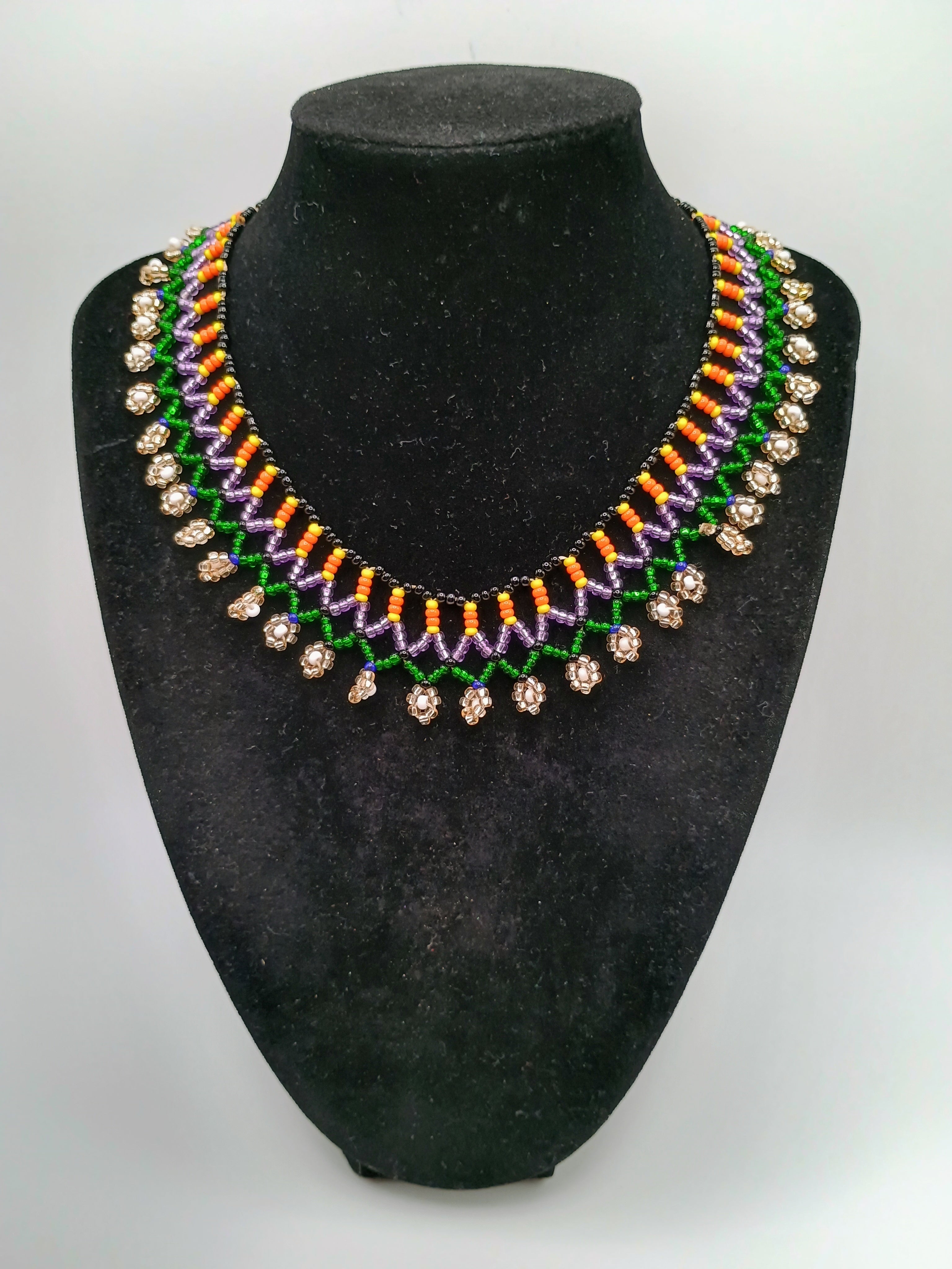 Beaded Necklace, Multicolor Choker, Geometric Floral Design