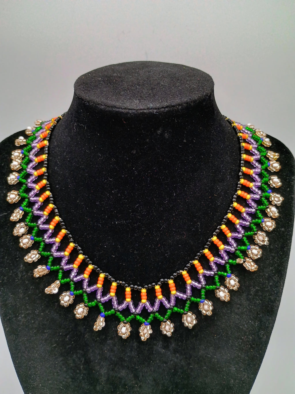 Beaded Necklace, Multicolor Choker, Geometric Floral Design