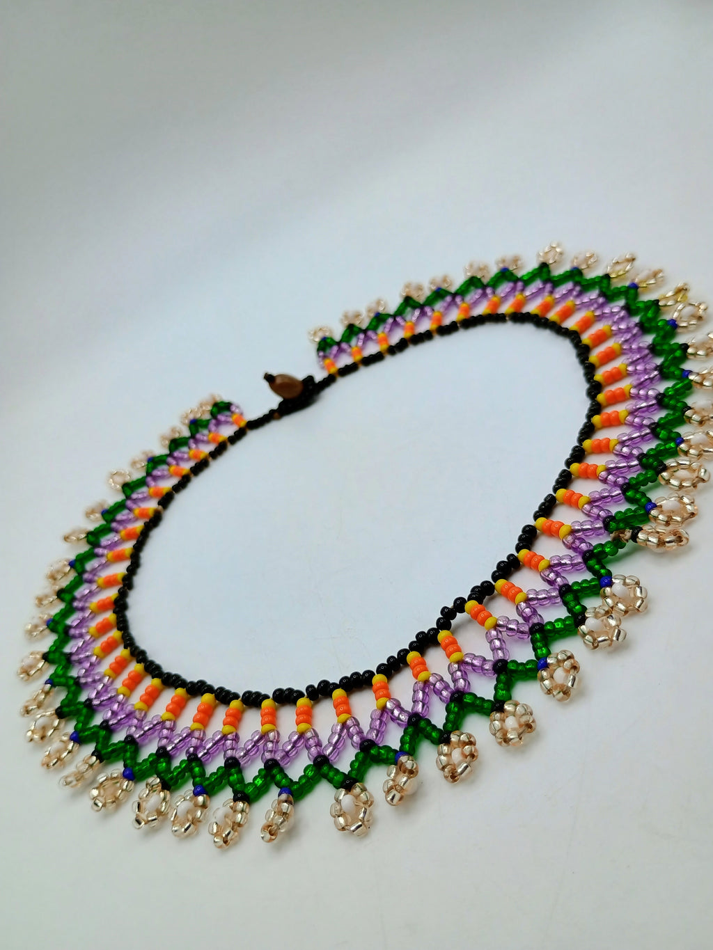 Beaded Necklace, Multicolor Choker, Geometric Floral Design