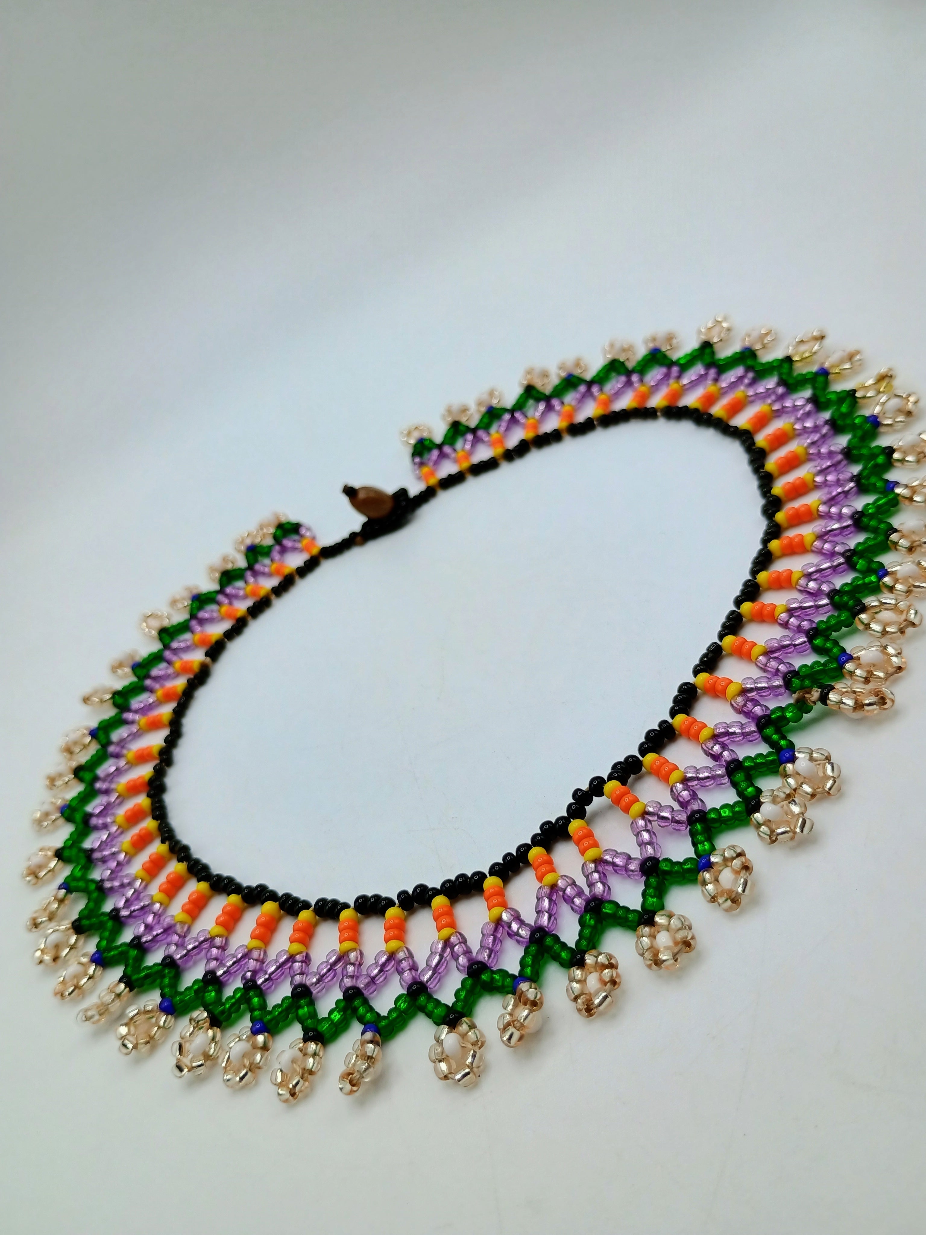 Beaded Necklace, Multicolor Choker, Geometric Floral Design