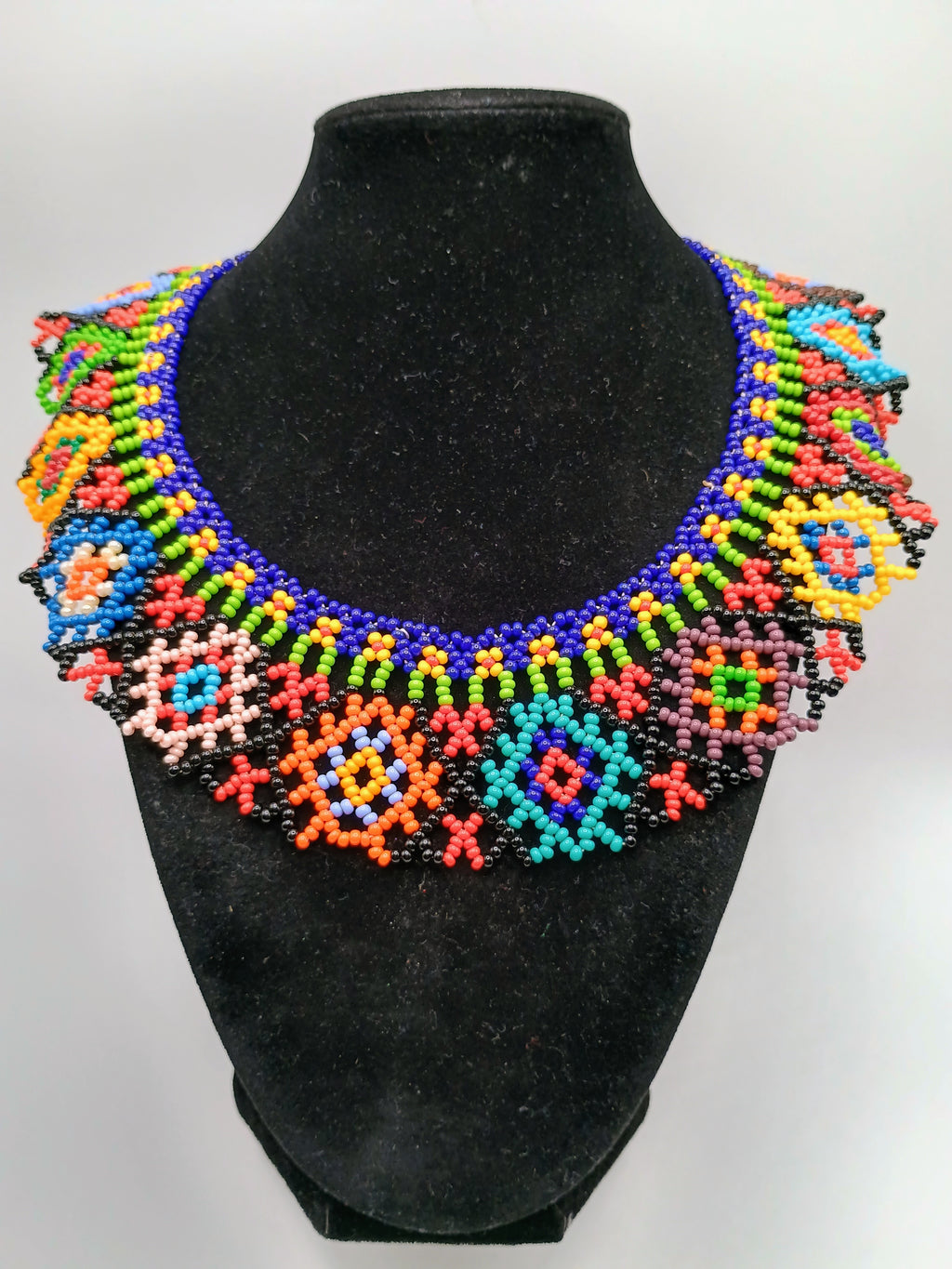 Handwoven Beaded Necklace, Geometric Multicolor Design, Craft