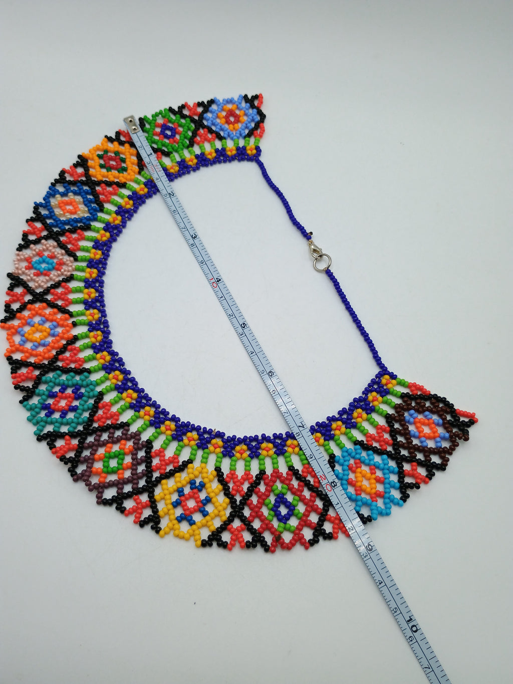 Handwoven Beaded Necklace, Geometric Multicolor Design, Craft