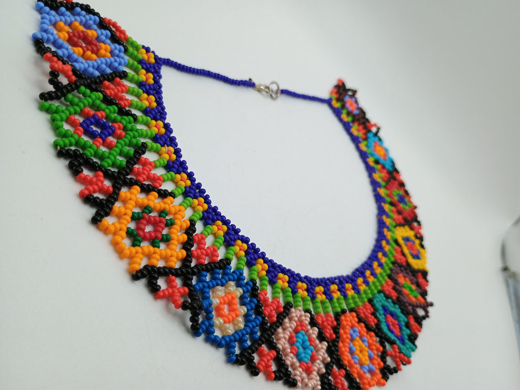 Handwoven Beaded Necklace, Geometric Multicolor Design, Craft