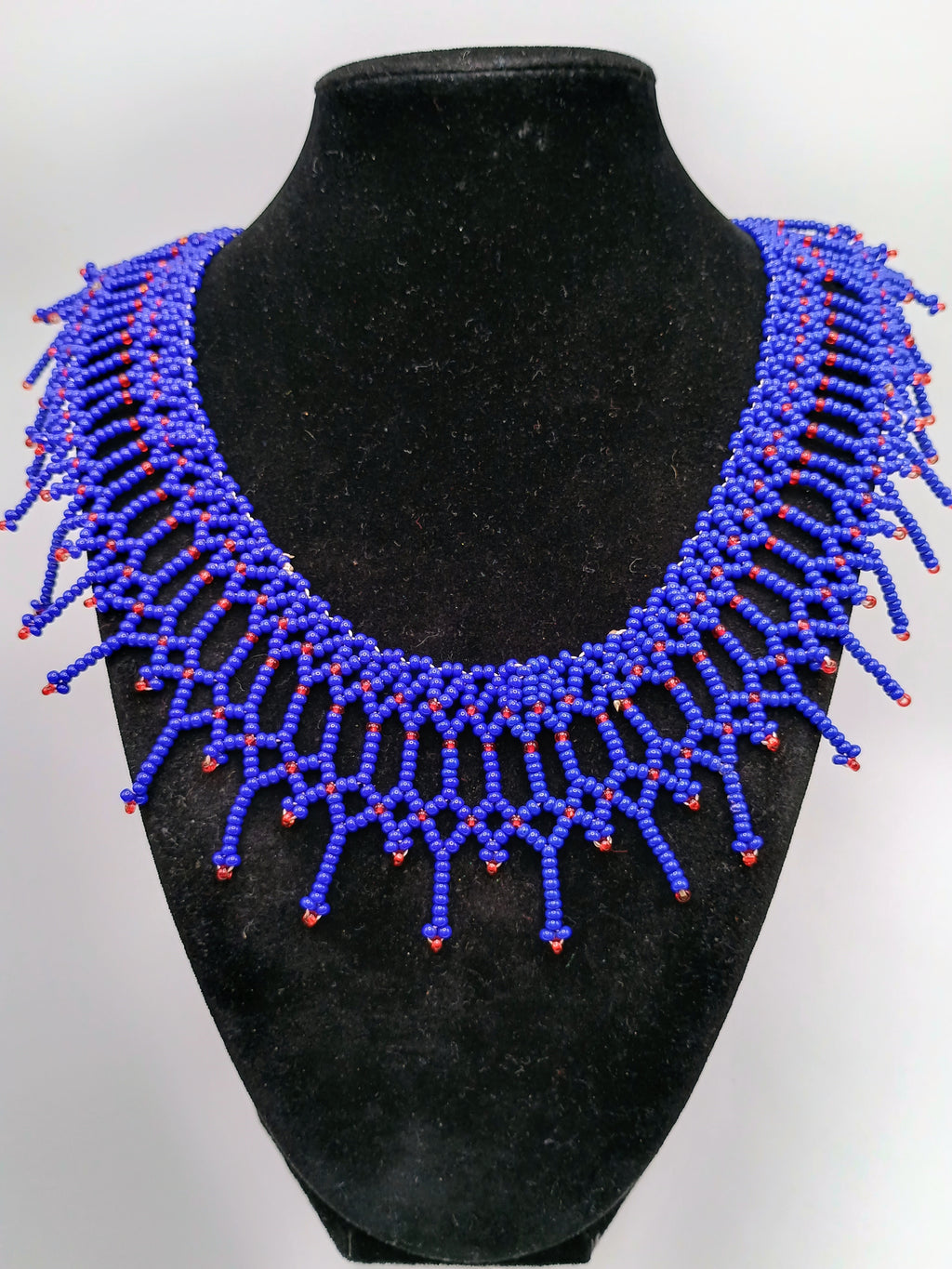 Handmade Blue and Red Beaded Necklace, Artisan Choker with Fringe