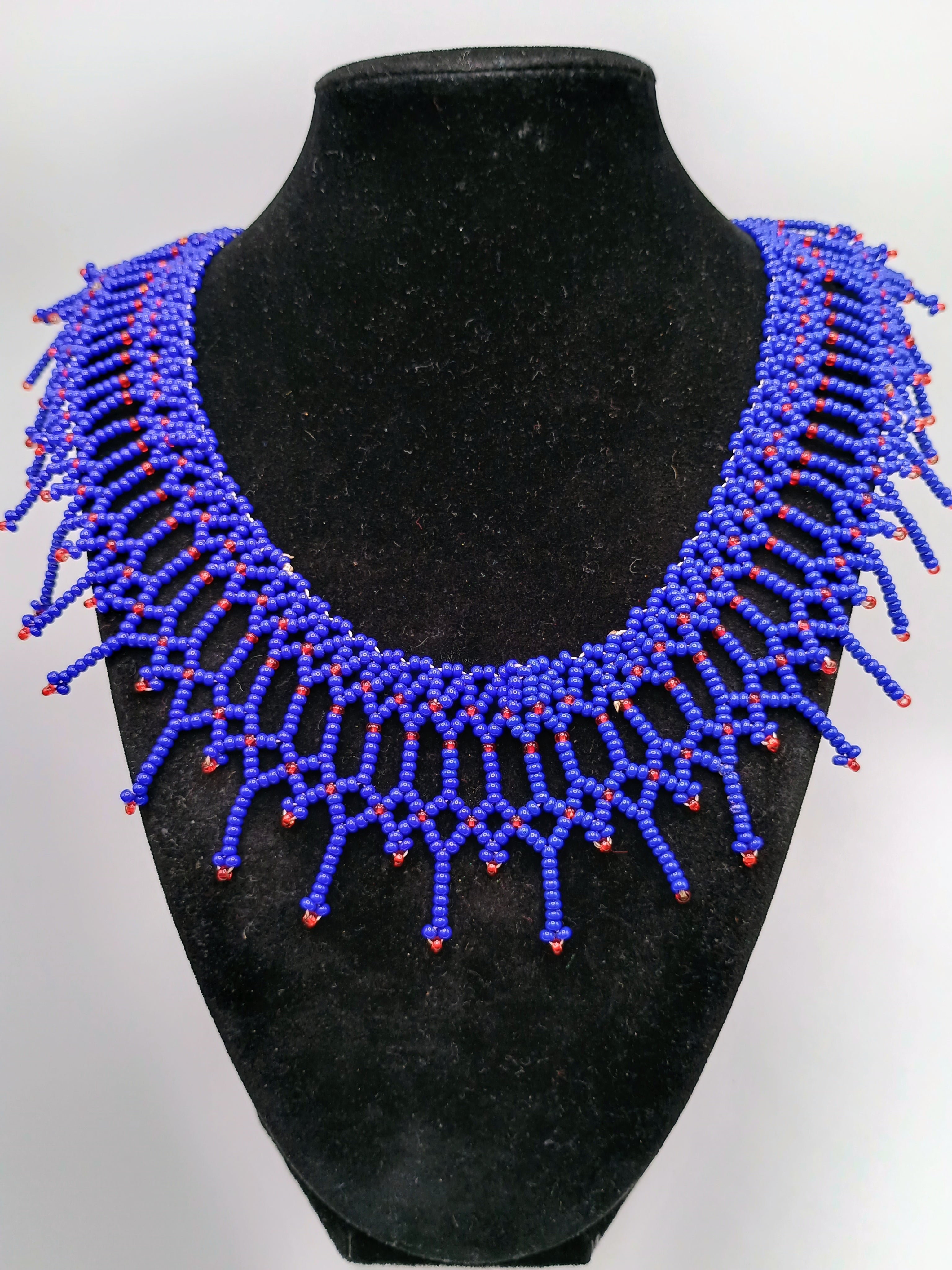 Handmade Blue and Red Beaded Necklace, Artisan Choker with Fringe