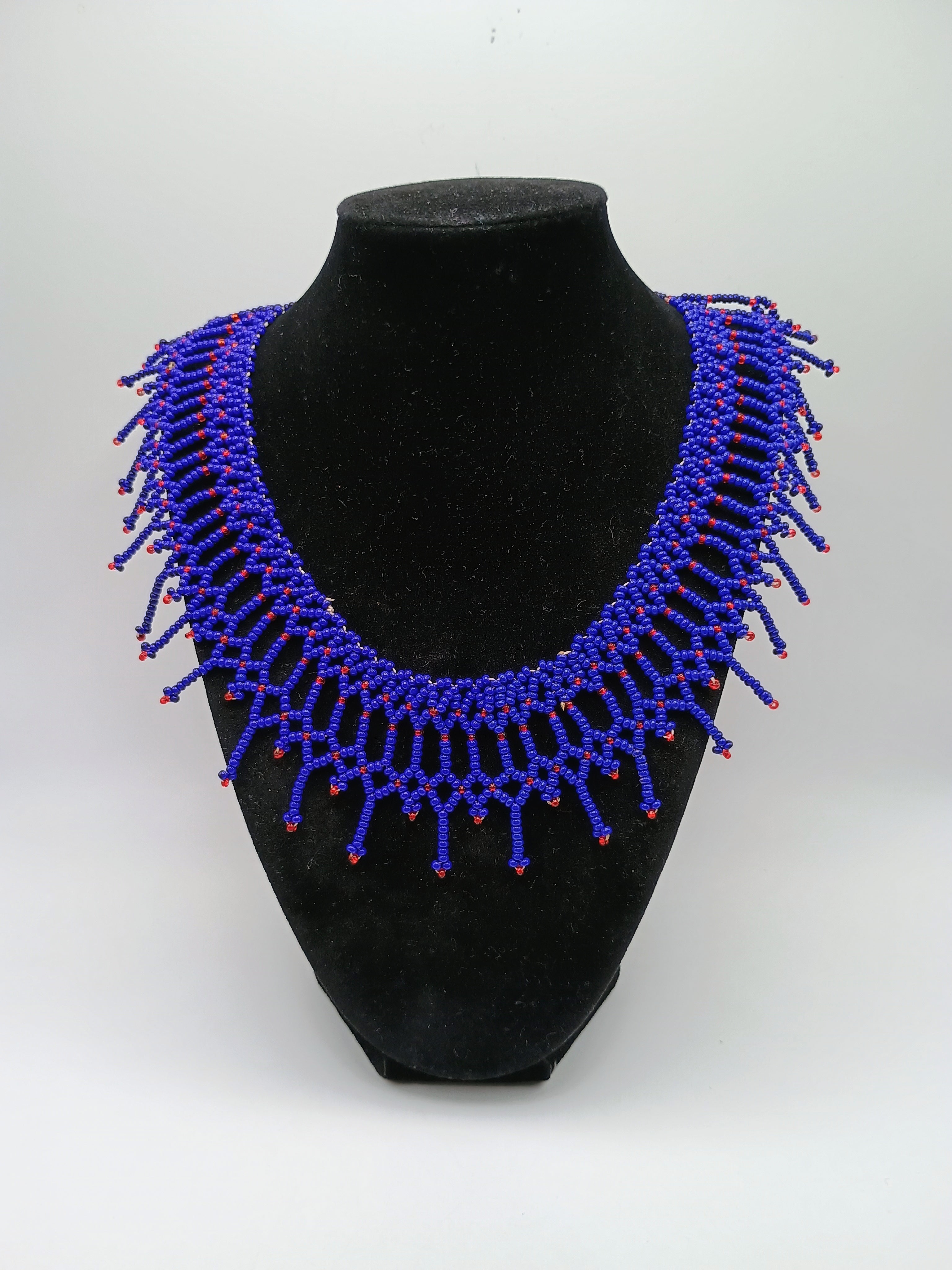 Handmade Blue and Red Beaded Necklace, Artisan Choker with Fringe