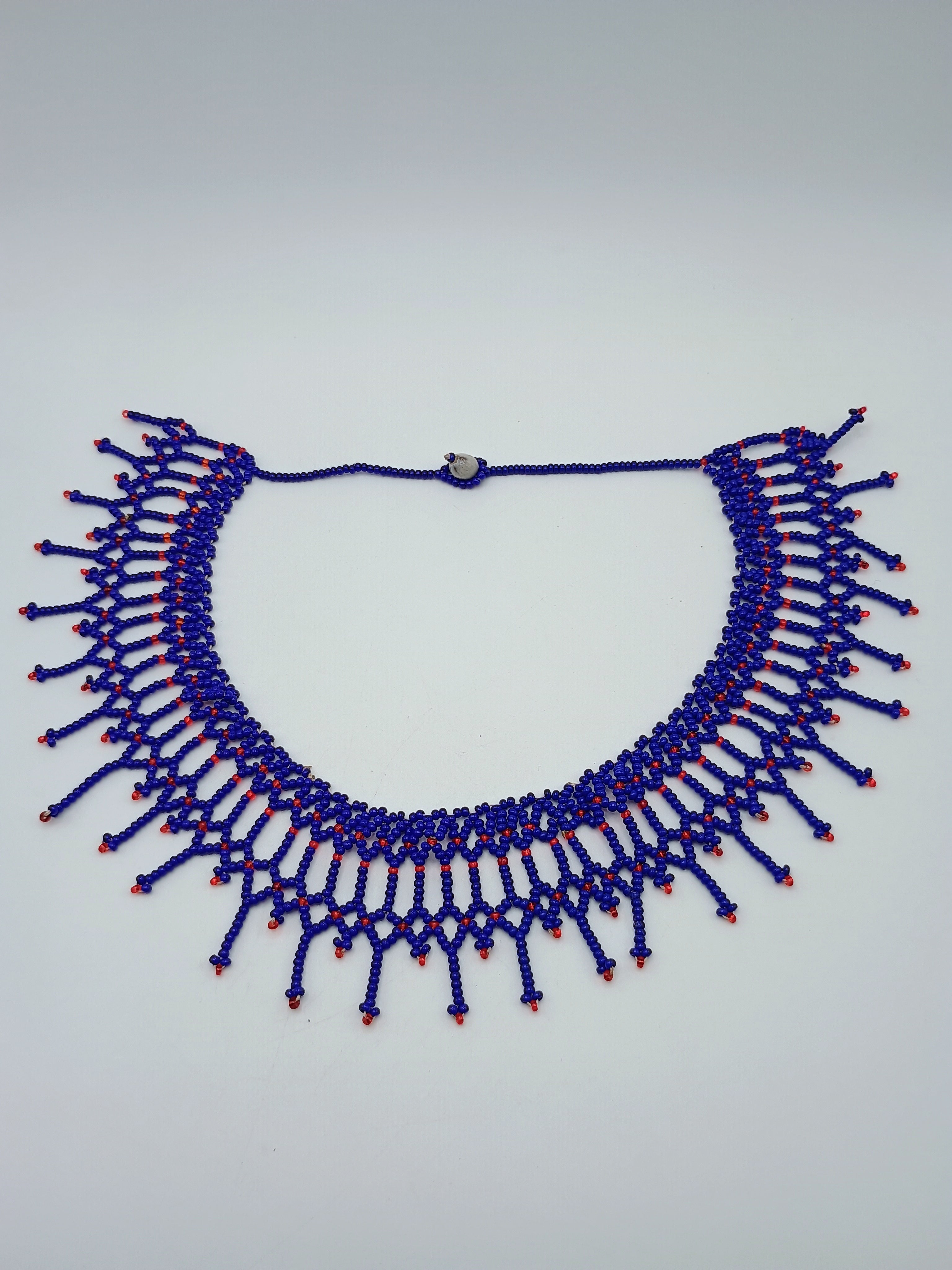 Handmade Blue and Red Beaded Necklace, Artisan Choker with Fringe