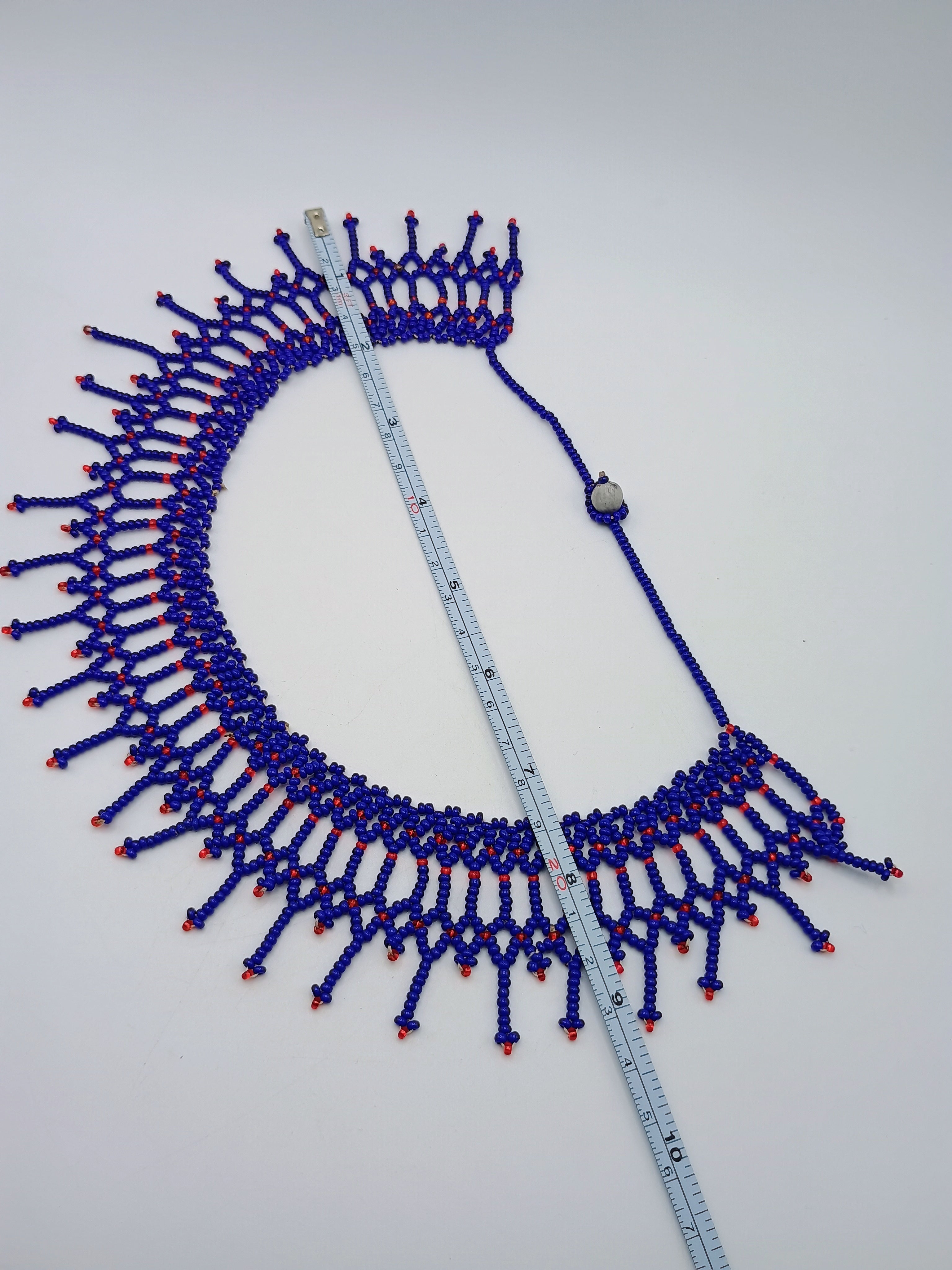 Handmade Blue and Red Beaded Necklace, Artisan Choker with Fringe