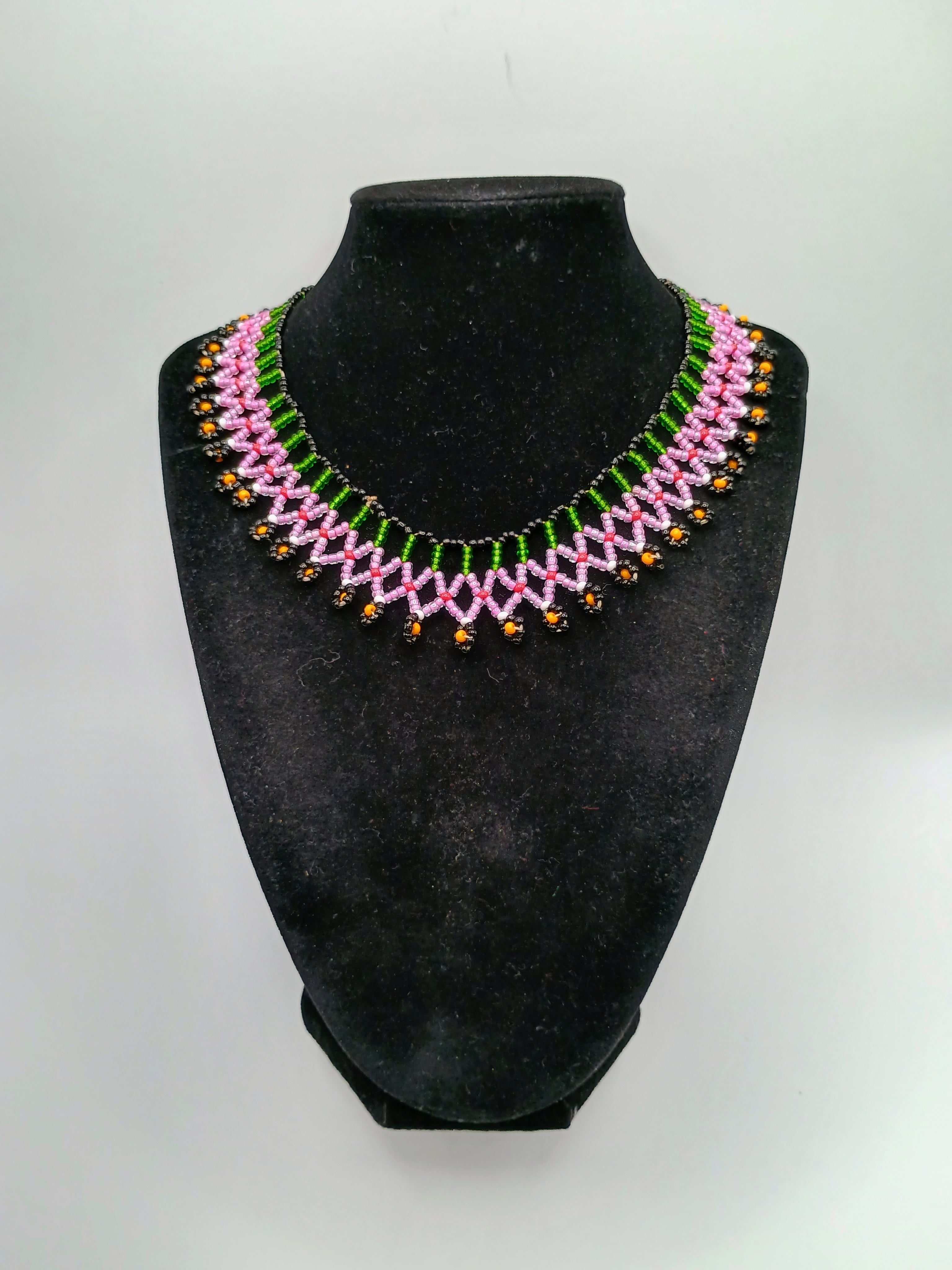 Handmade Beaded Choker Necklace with Multicolored Flowers and Fringe
