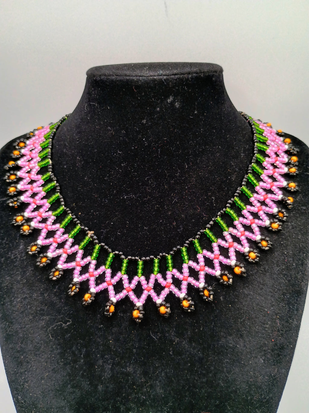 Handmade Beaded Choker Necklace with Multicolored Flowers and Fringe