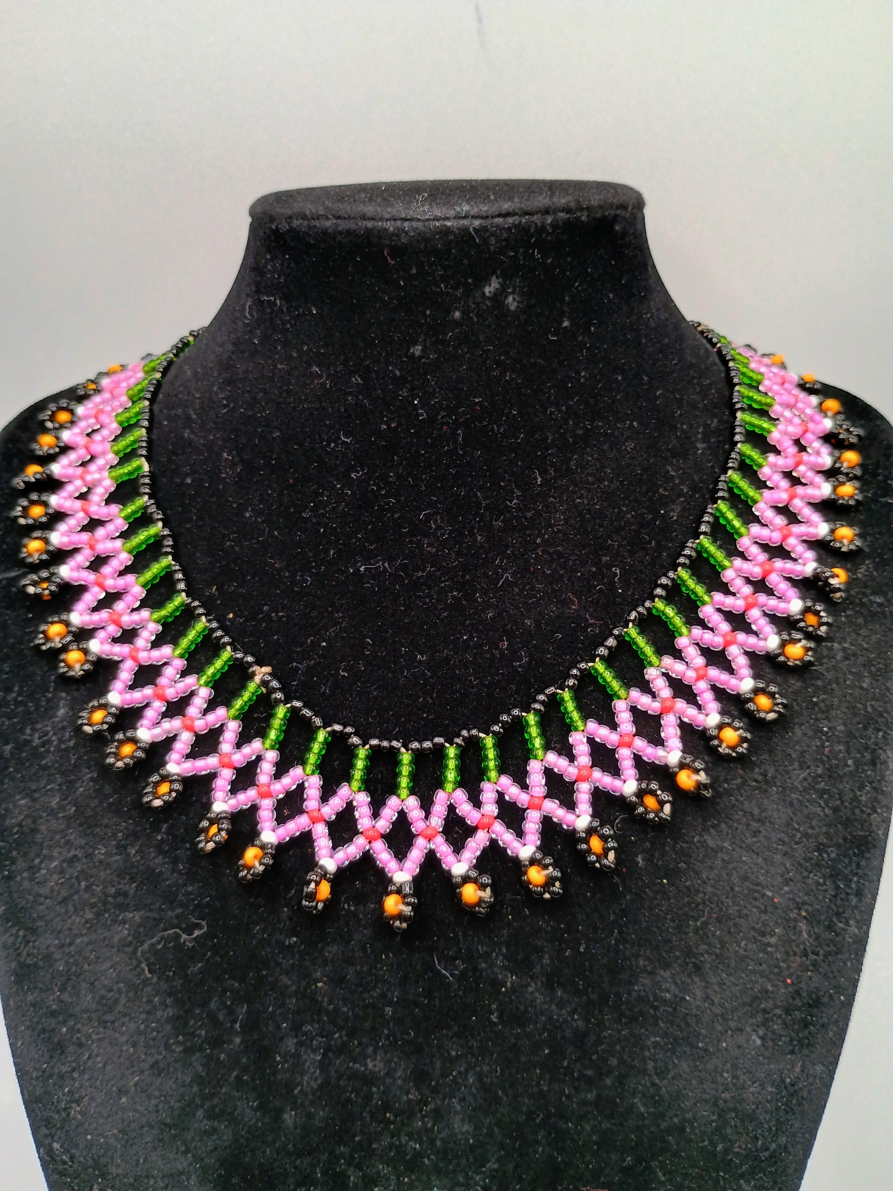 Handmade Beaded Choker Necklace with Multicolored Flowers and Fringe