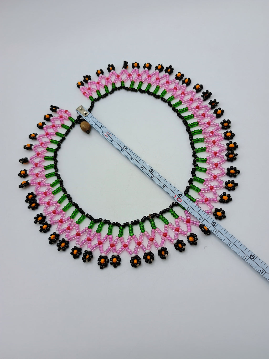 Handmade Beaded Choker Necklace with Multicolored Flowers and Fringe