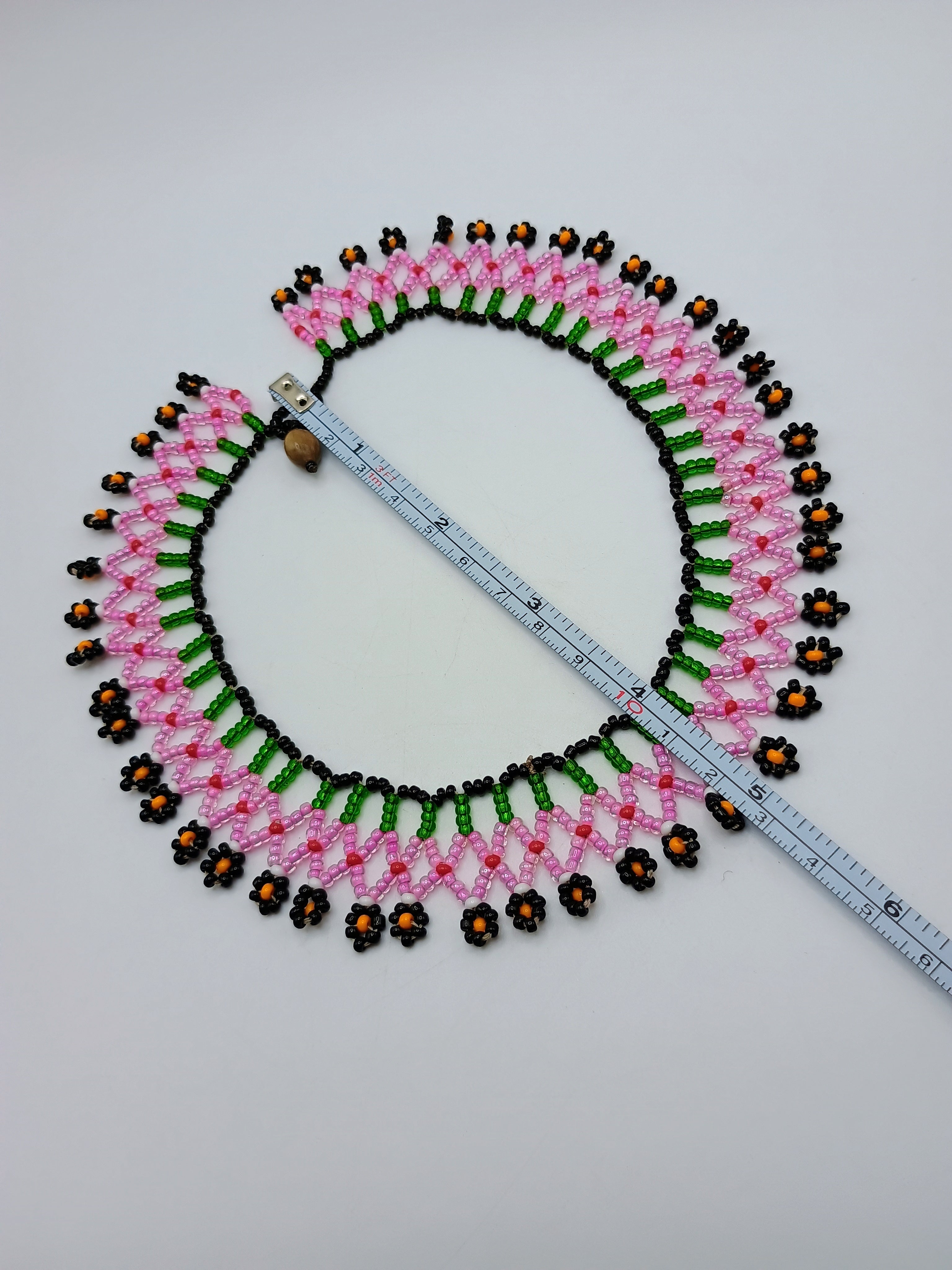 Handmade Beaded Choker Necklace with Multicolored Flowers and Fringe