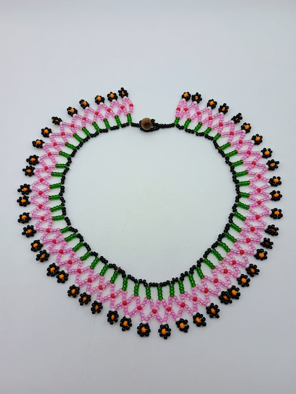 Handmade Beaded Choker Necklace with Multicolored Flowers and Fringe
