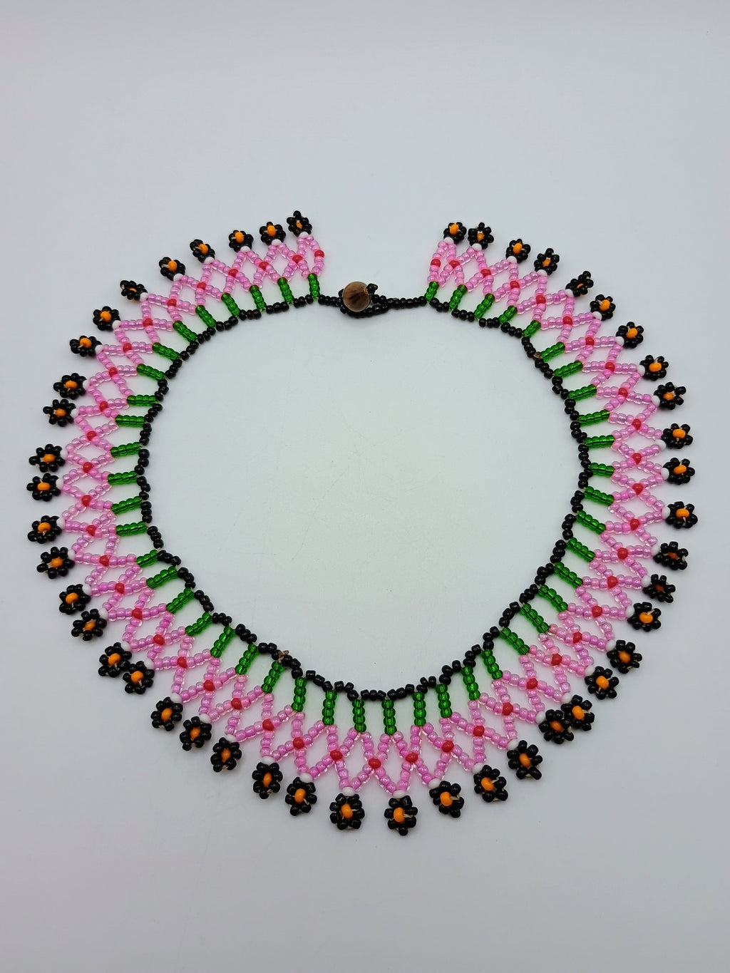 Handmade Beaded Choker Necklace with Multicolored Flowers and Fringe