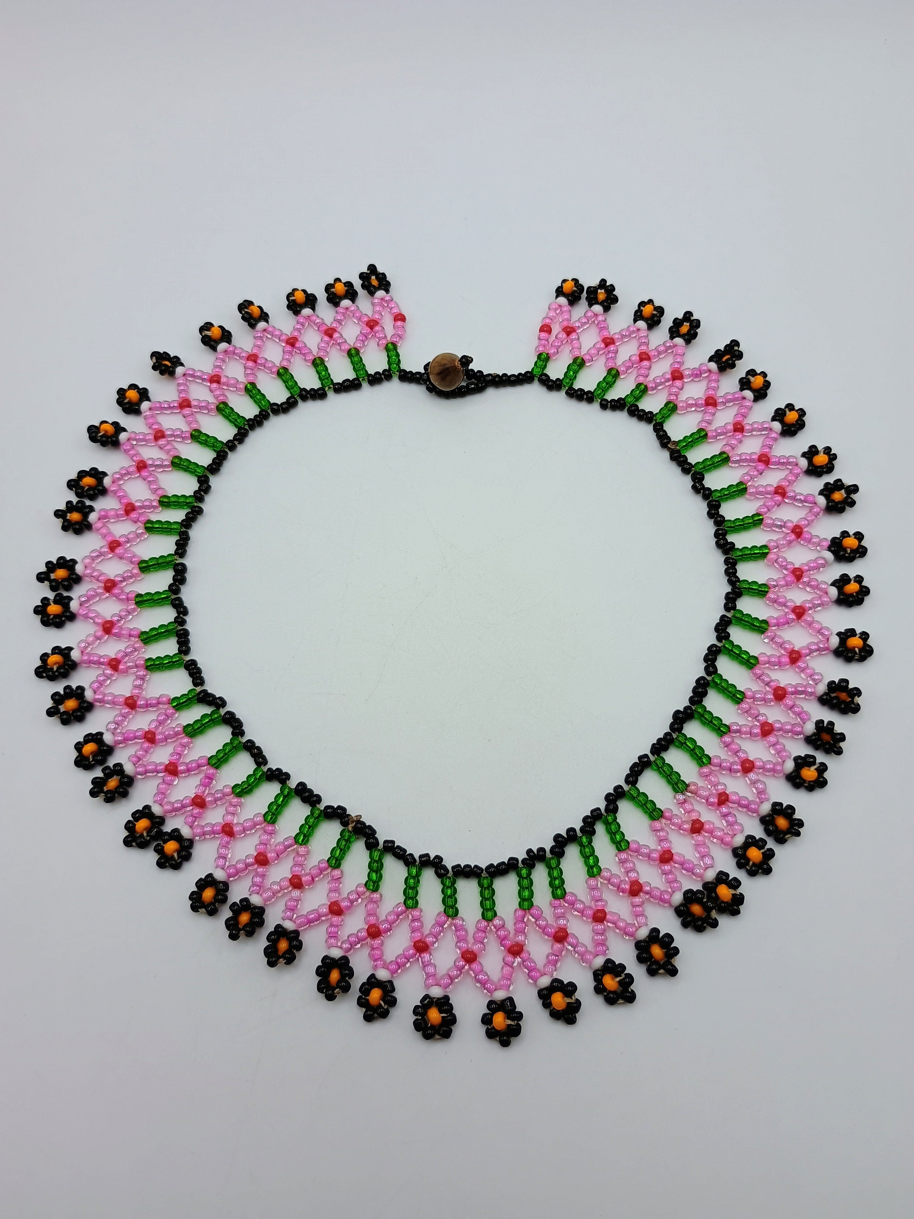 Handmade Beaded Choker Necklace with Multicolored Flowers and Fringe