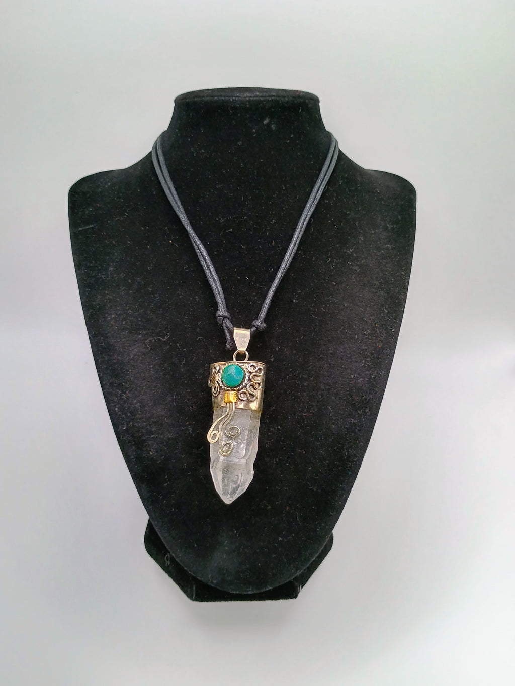 Handmade Necklace with Natural Crystal Quartz and Turquoise Inlay in Alpaca