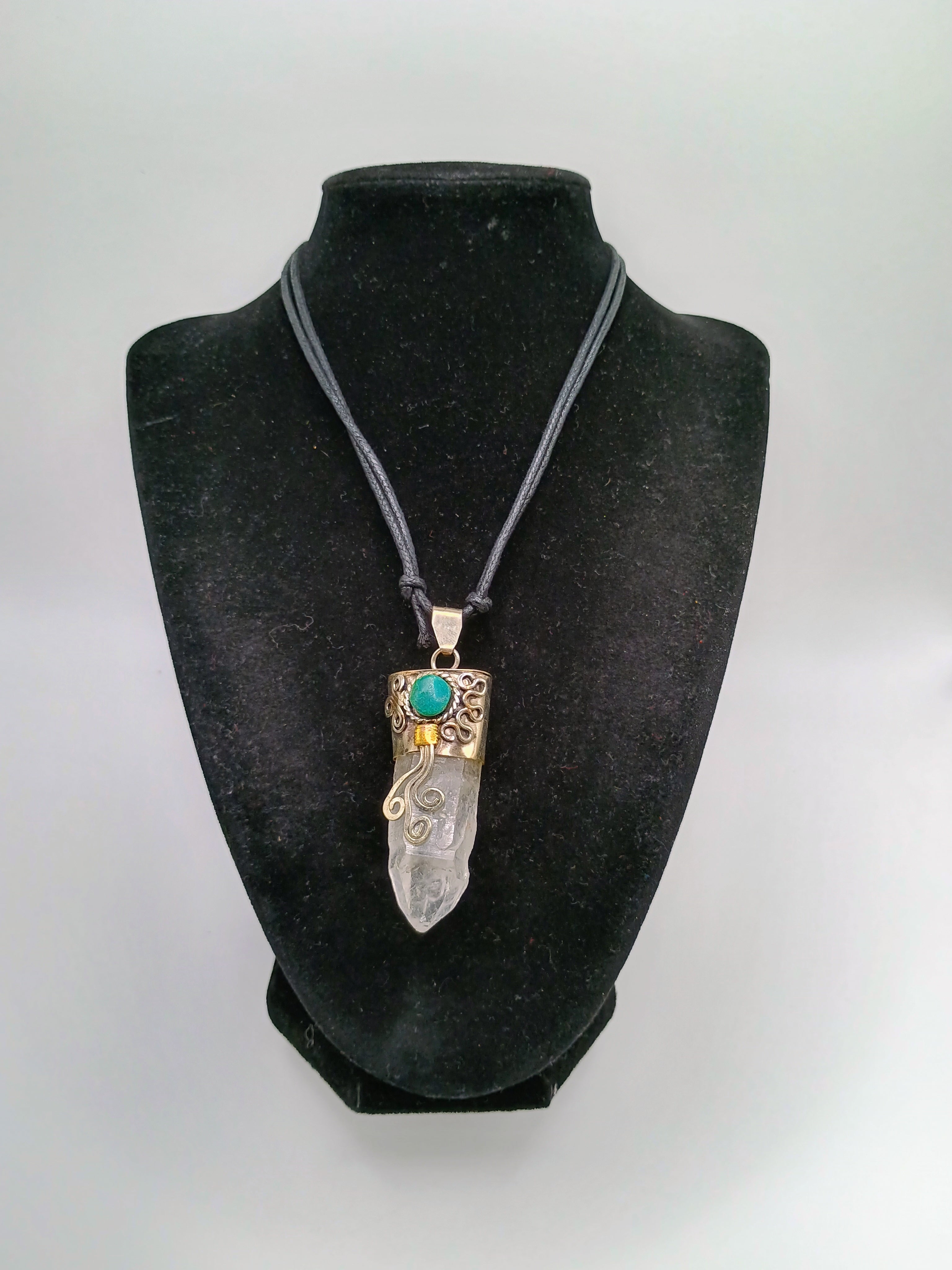 Handmade Necklace with Natural Crystal Quartz and Turquoise Inlay in Alpaca