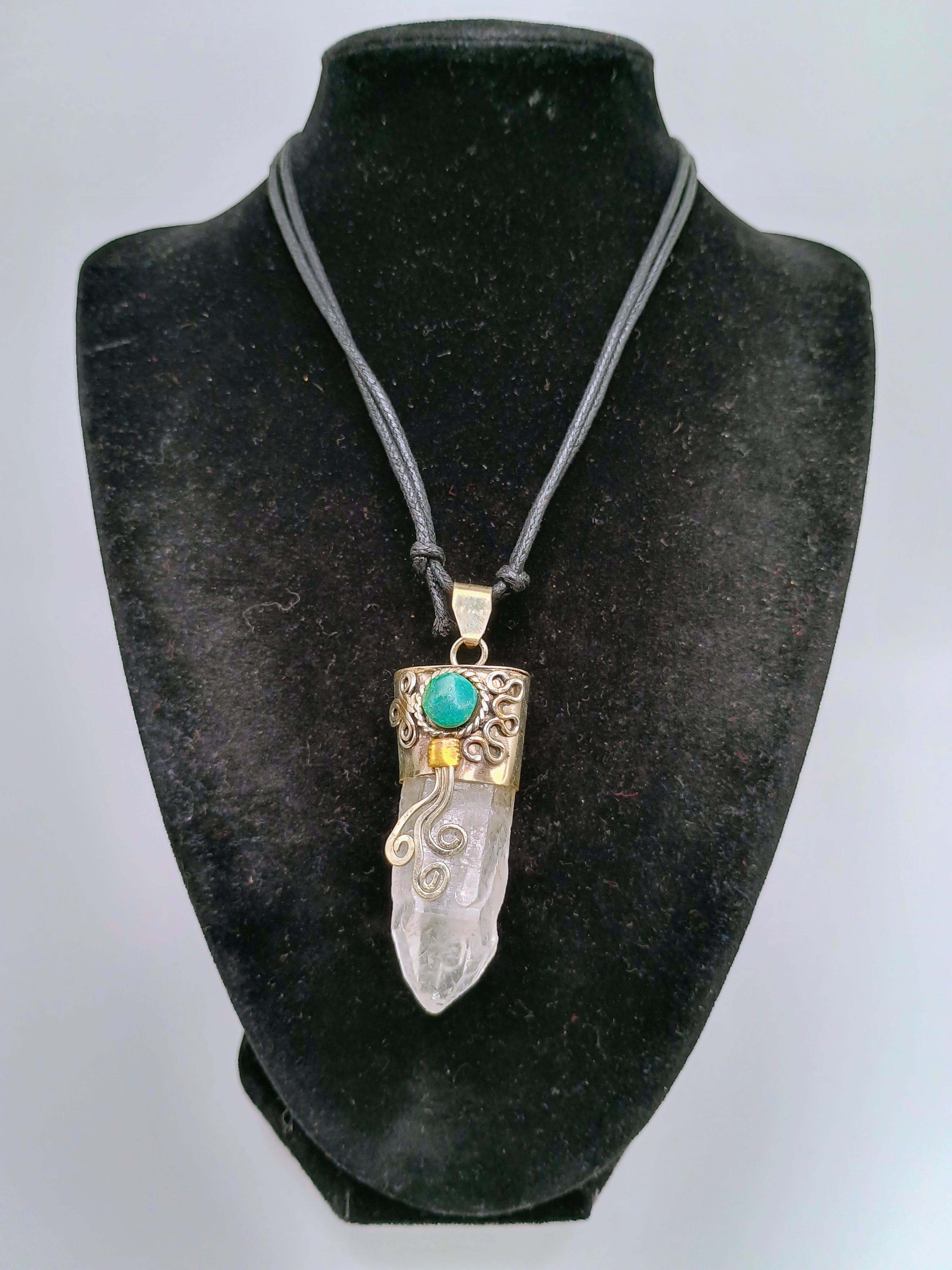 Handmade Necklace with Natural Crystal Quartz and Turquoise Inlay in Alpaca