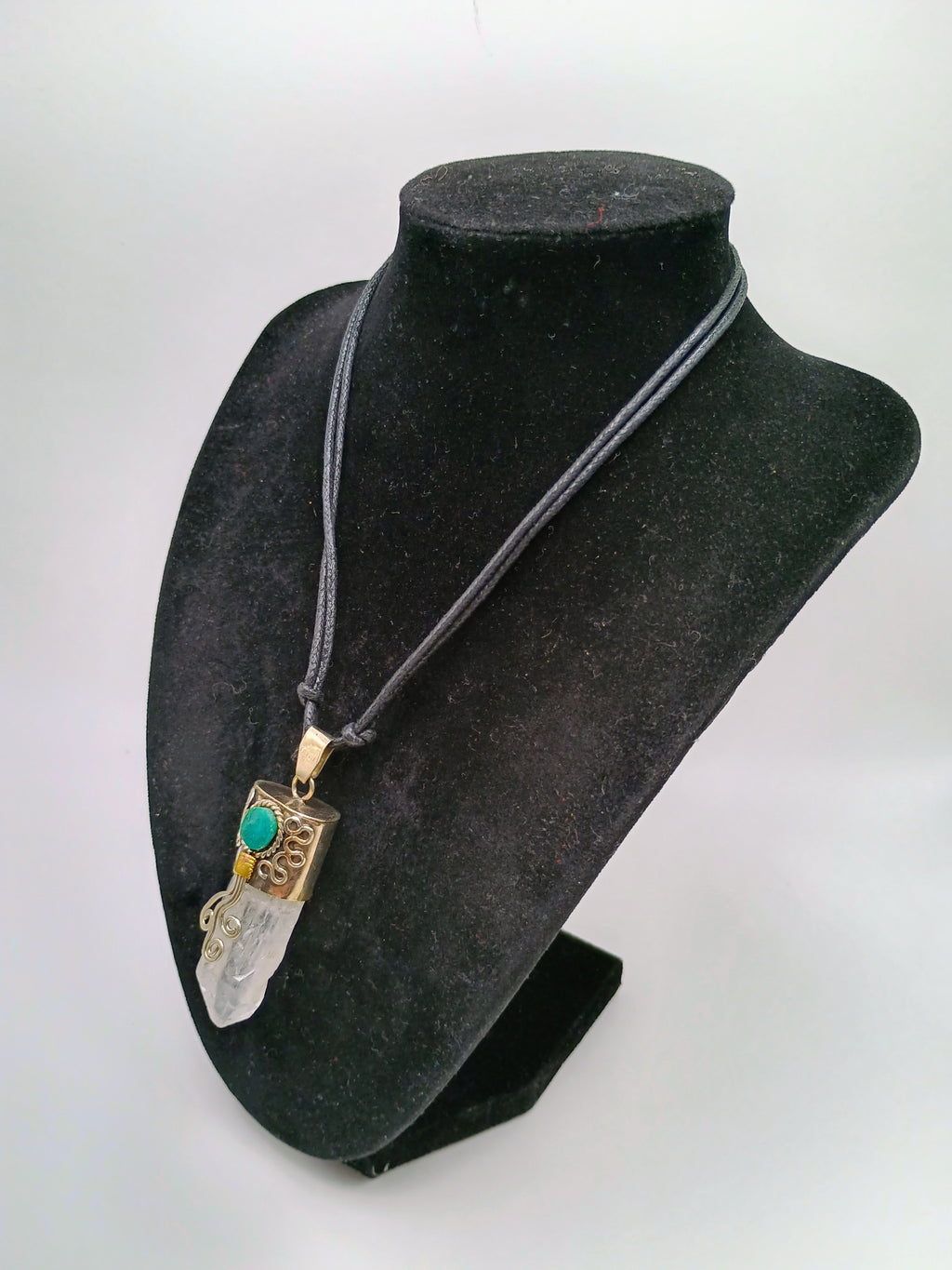 Handmade Necklace with Natural Crystal Quartz and Turquoise Inlay in Alpaca