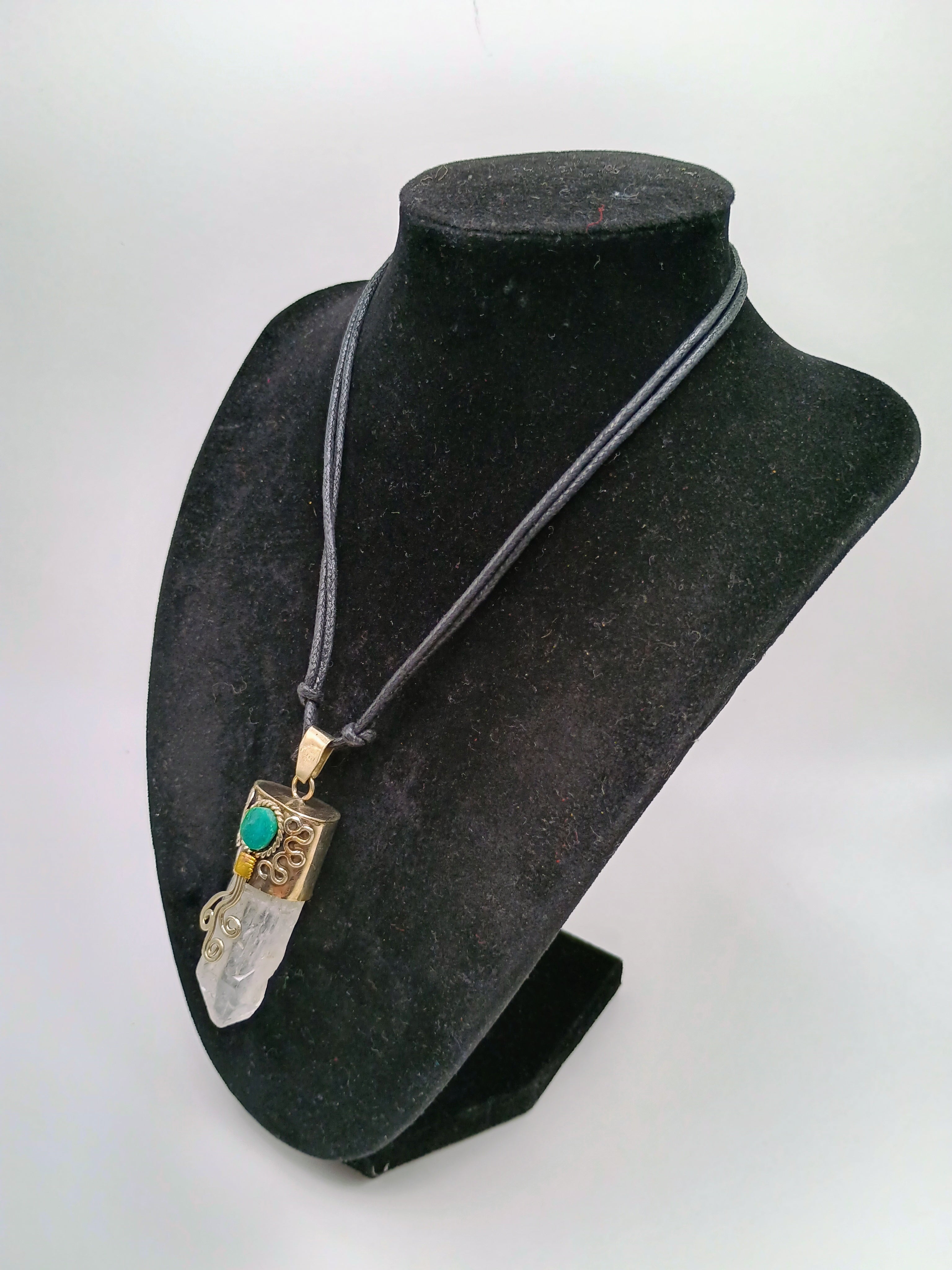 Handmade Necklace with Natural Crystal Quartz and Turquoise Inlay in Alpaca