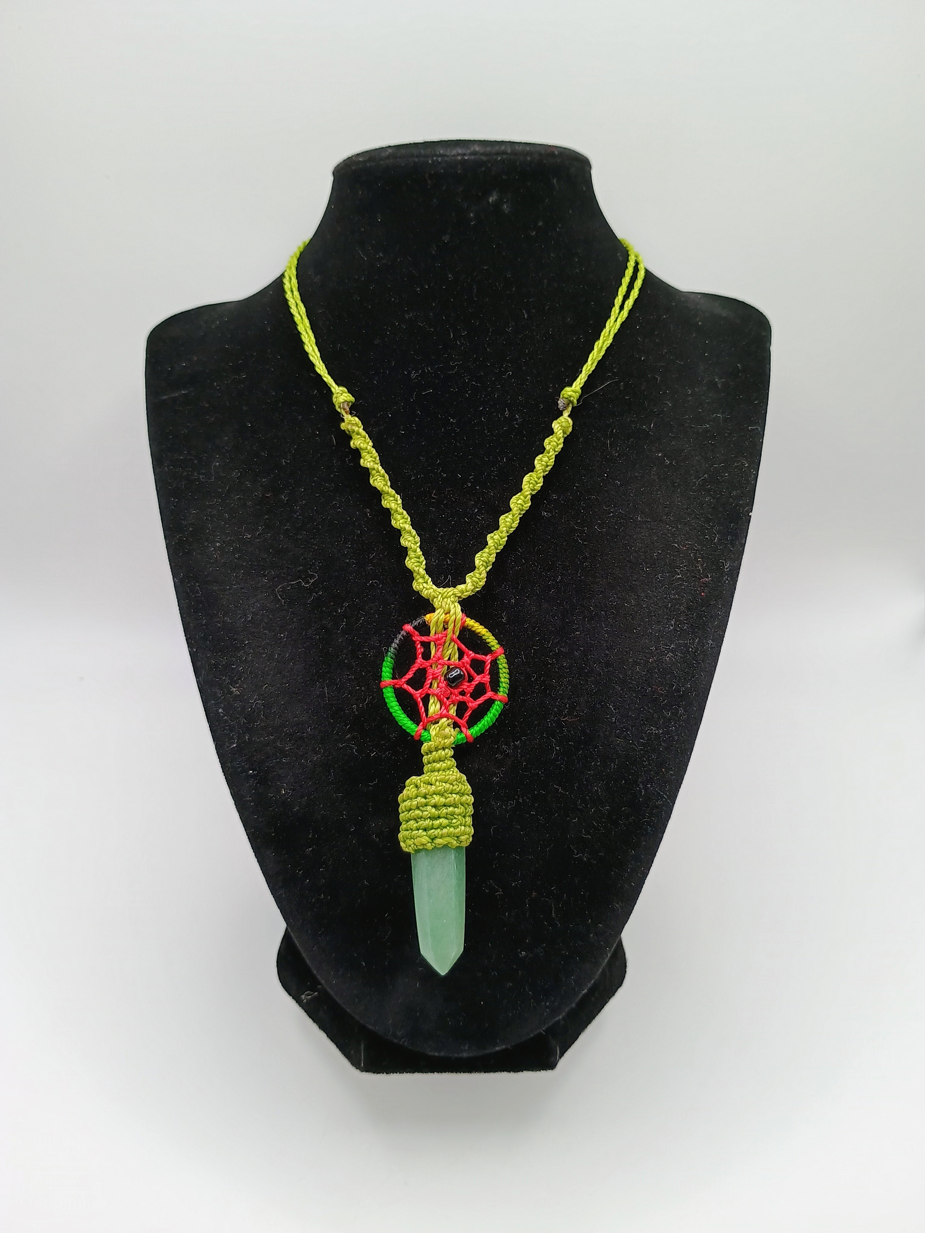 Handmade Macrame Dreamcatcher Necklace with Natural Green Stone