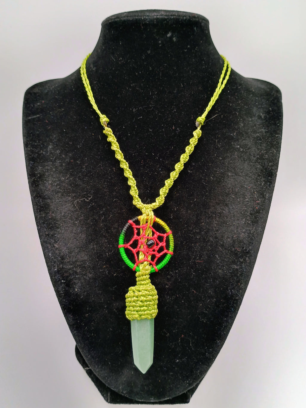 Handmade Macrame Dreamcatcher Necklace with Natural Green Stone