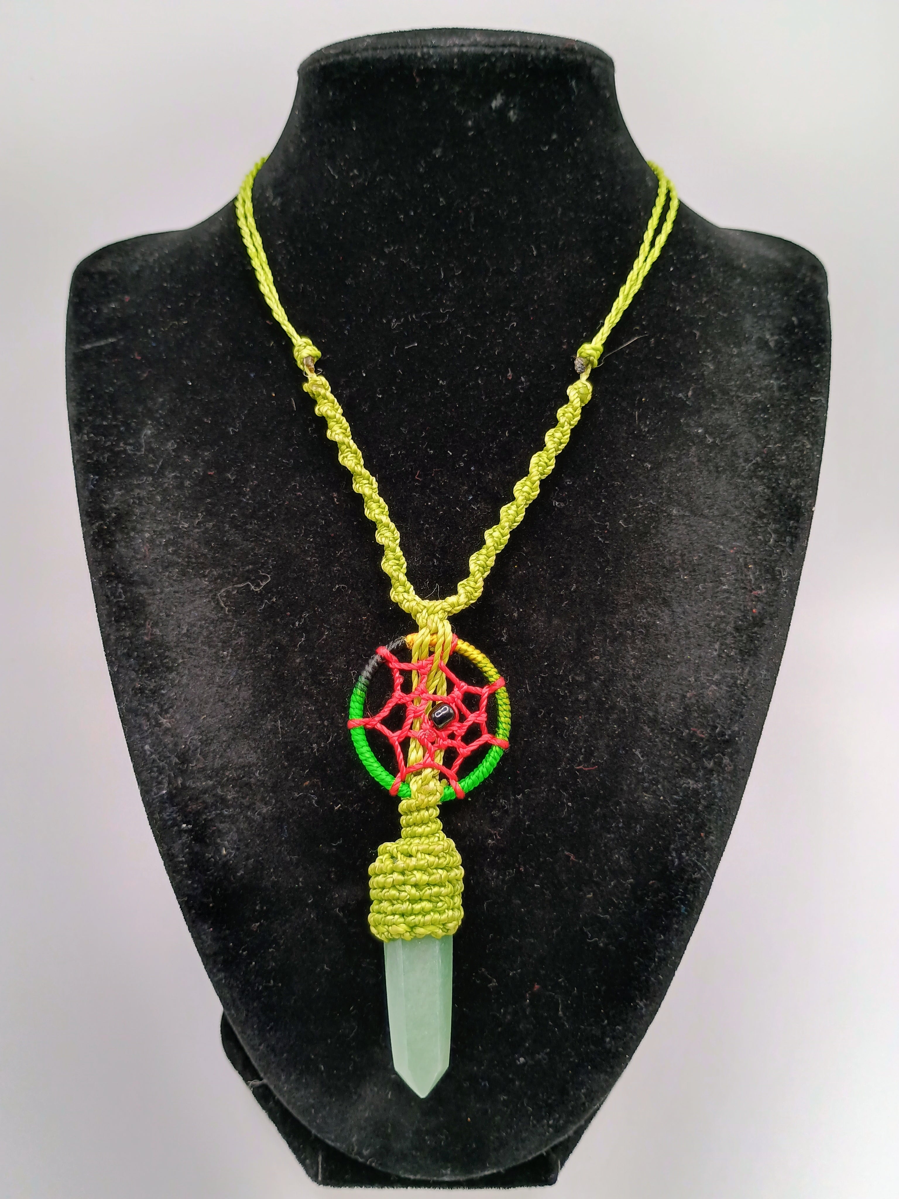 Handmade Macrame Dreamcatcher Necklace with Natural Green Stone
