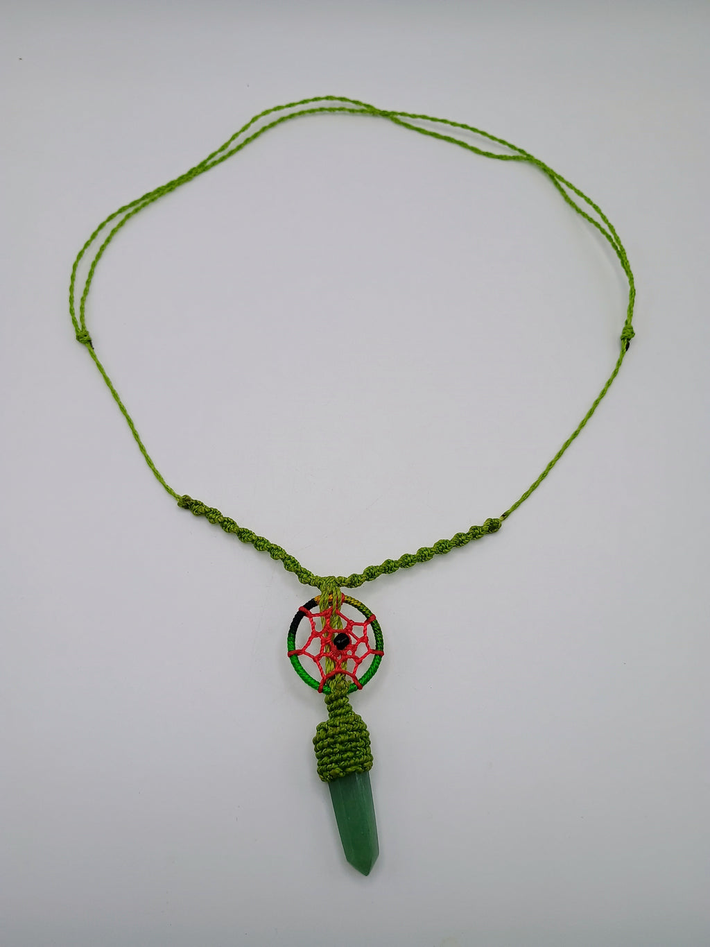 Handmade Macrame Dreamcatcher Necklace with Natural Green Stone