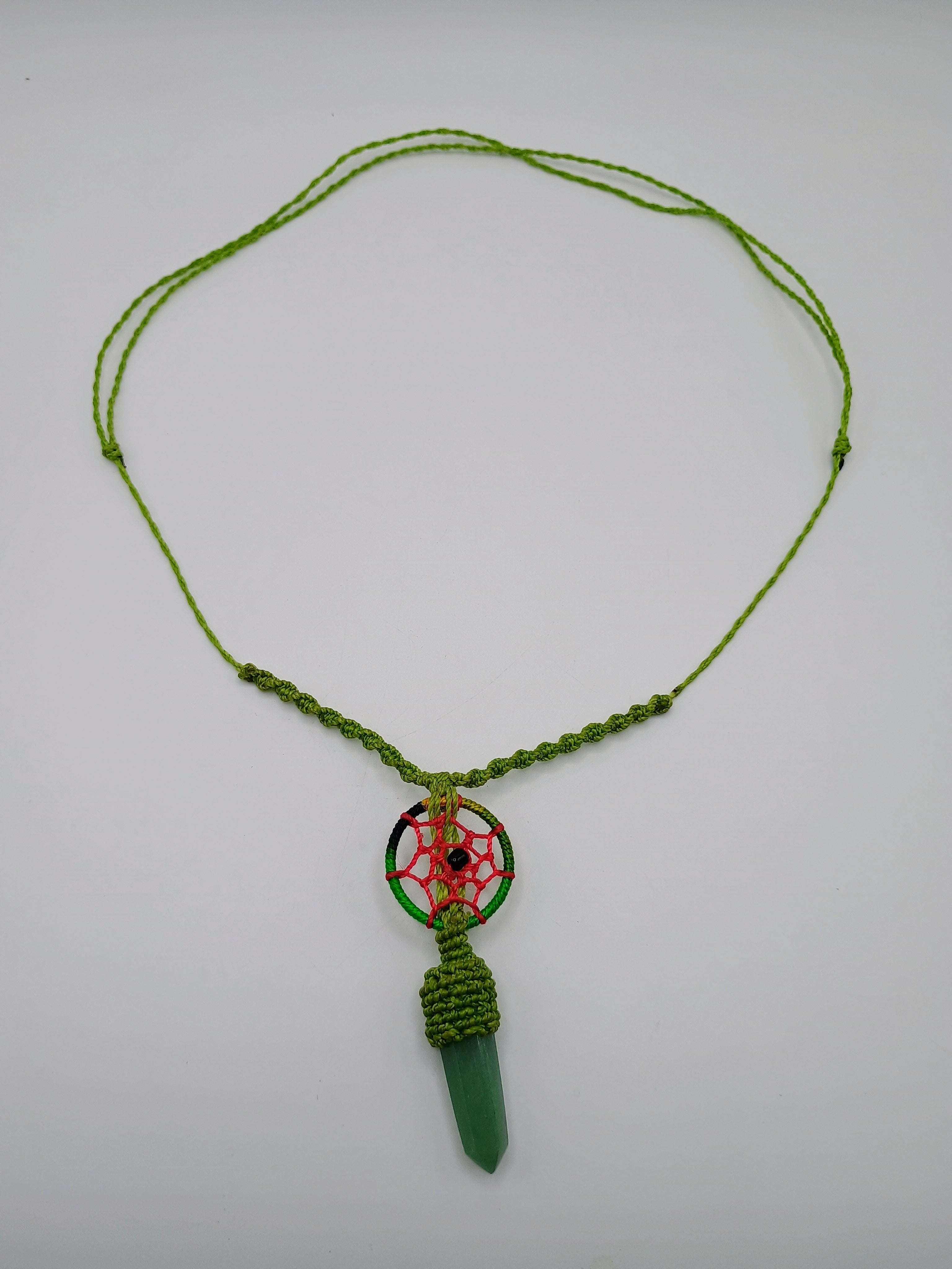 Handmade Macrame Dreamcatcher Necklace with Natural Green Stone