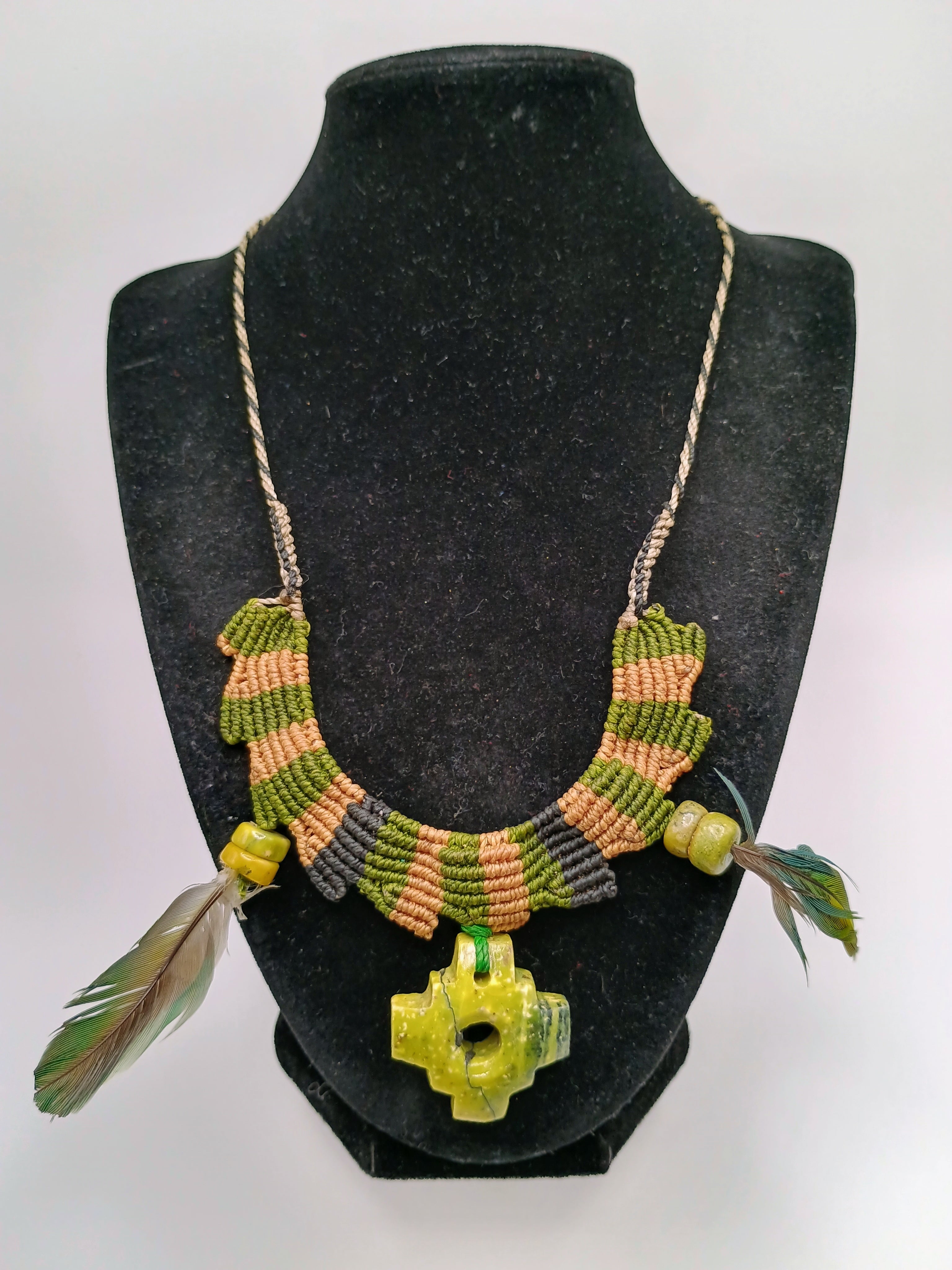 Macrame Necklace Hand Woven Chakana Natural Stone Amulet