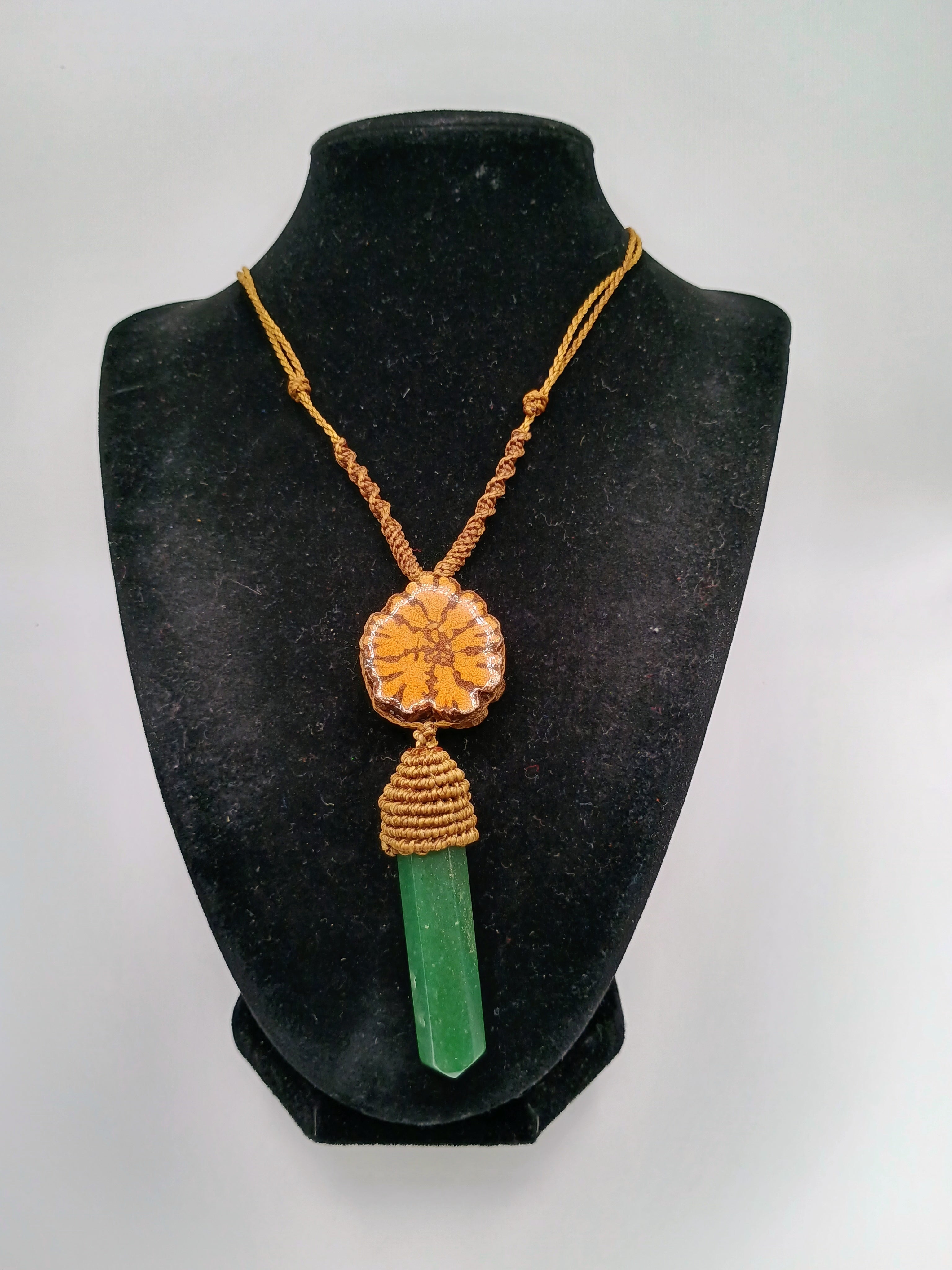 Handmade Macrame Necklace with Natural Green Stone and Ayahuasca Flower