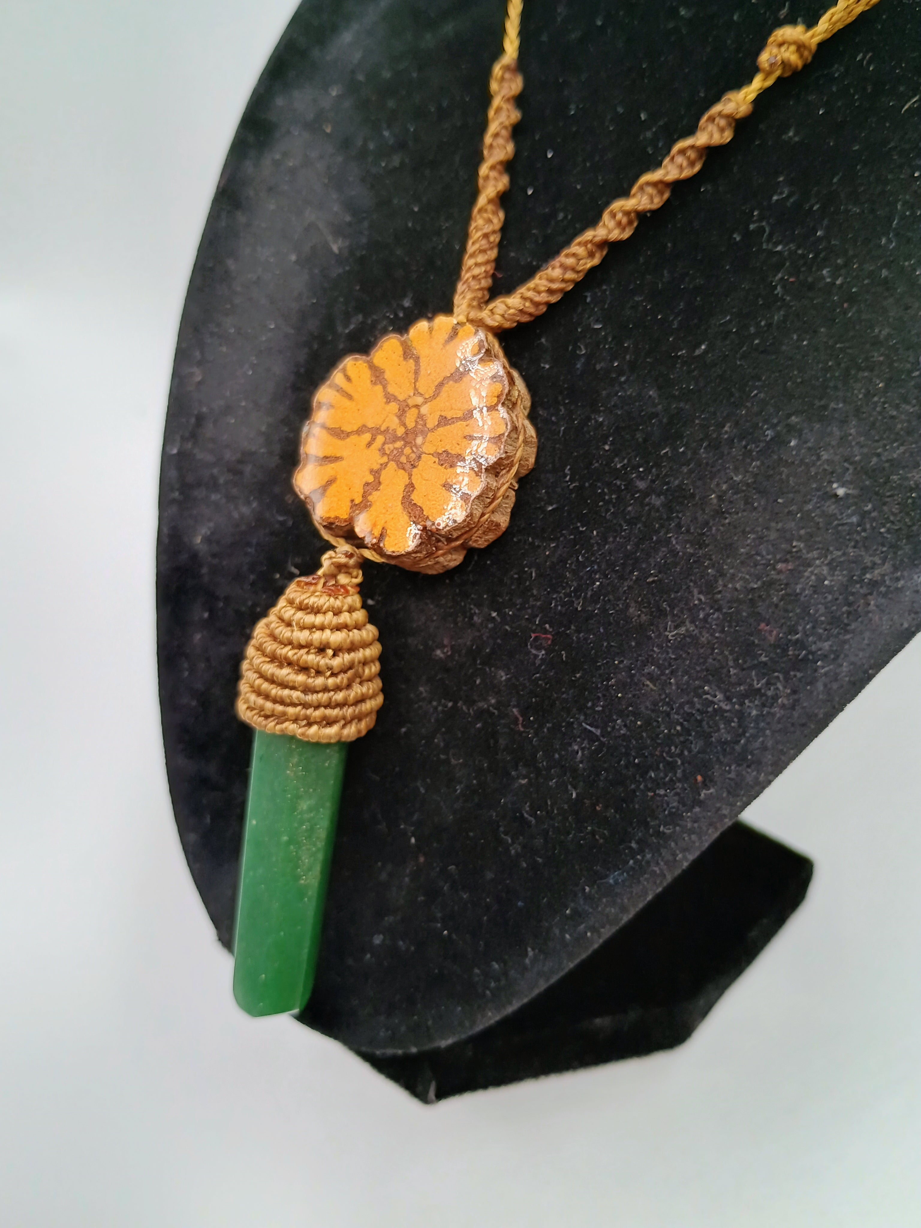 Handmade Macrame Necklace with Natural Green Stone and Ayahuasca Flower