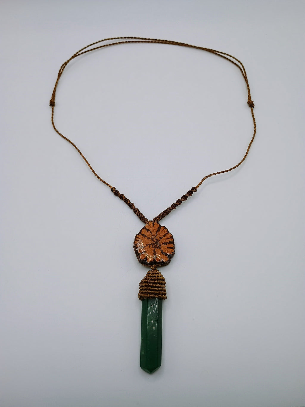 Handmade Macrame Necklace with Natural Green Stone and Ayahuasca Flower