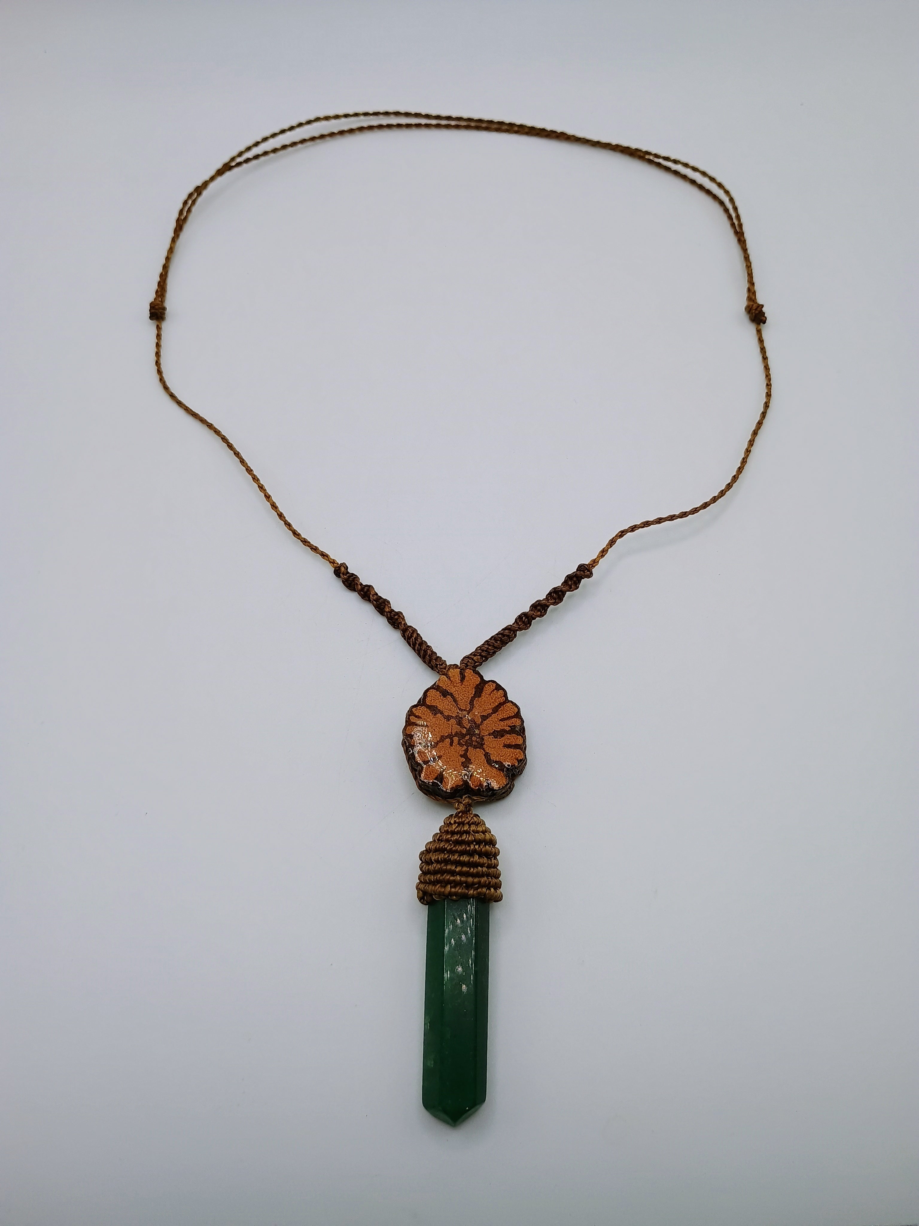 Handmade Macrame Necklace with Natural Green Stone and Ayahuasca Flower