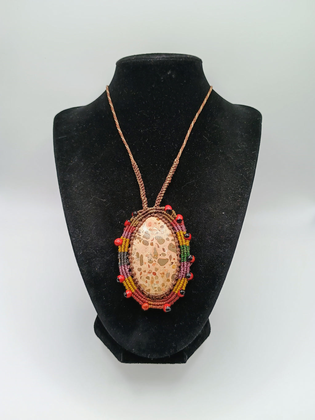 Macrame Necklace with Leopardite Stone and Huayruro Seeds - Spiritual Amulet