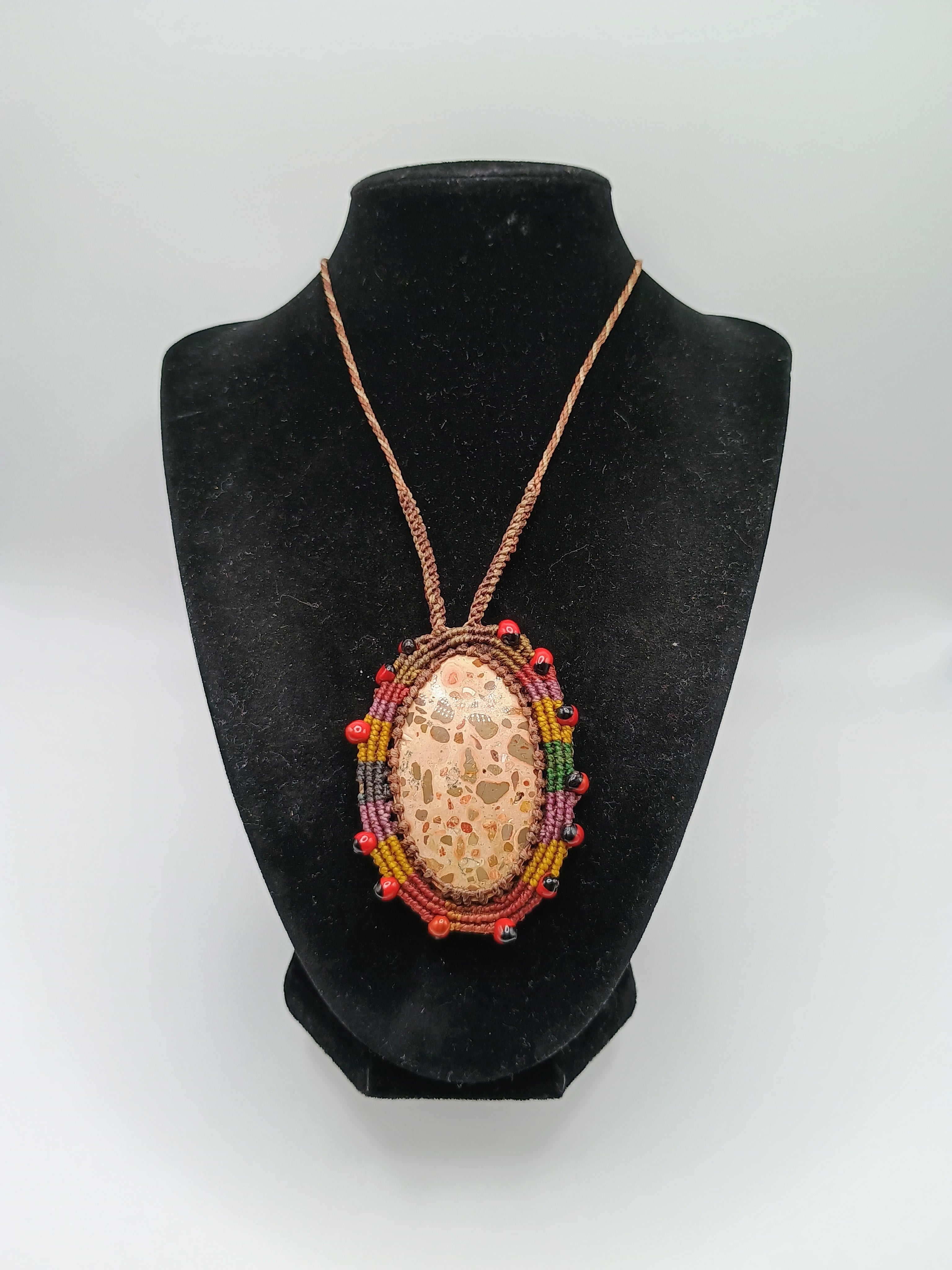 Macrame Necklace with Leopardite Stone and Huayruro Seeds - Spiritual Amulet