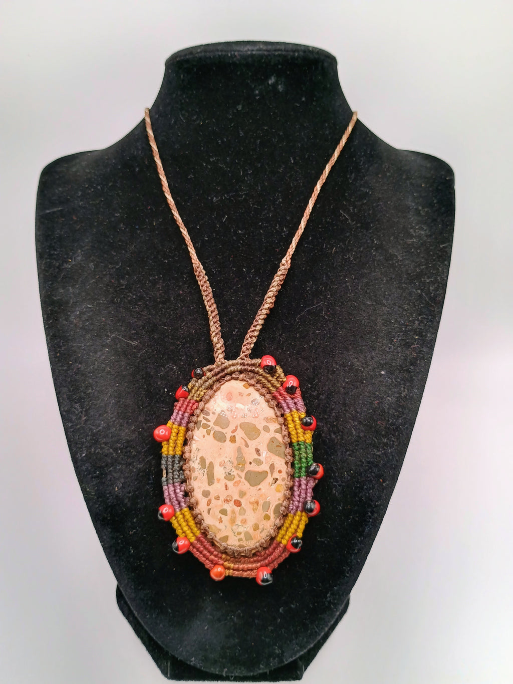 Macrame Necklace with Leopardite Stone and Huayruro Seeds - Spiritual Amulet