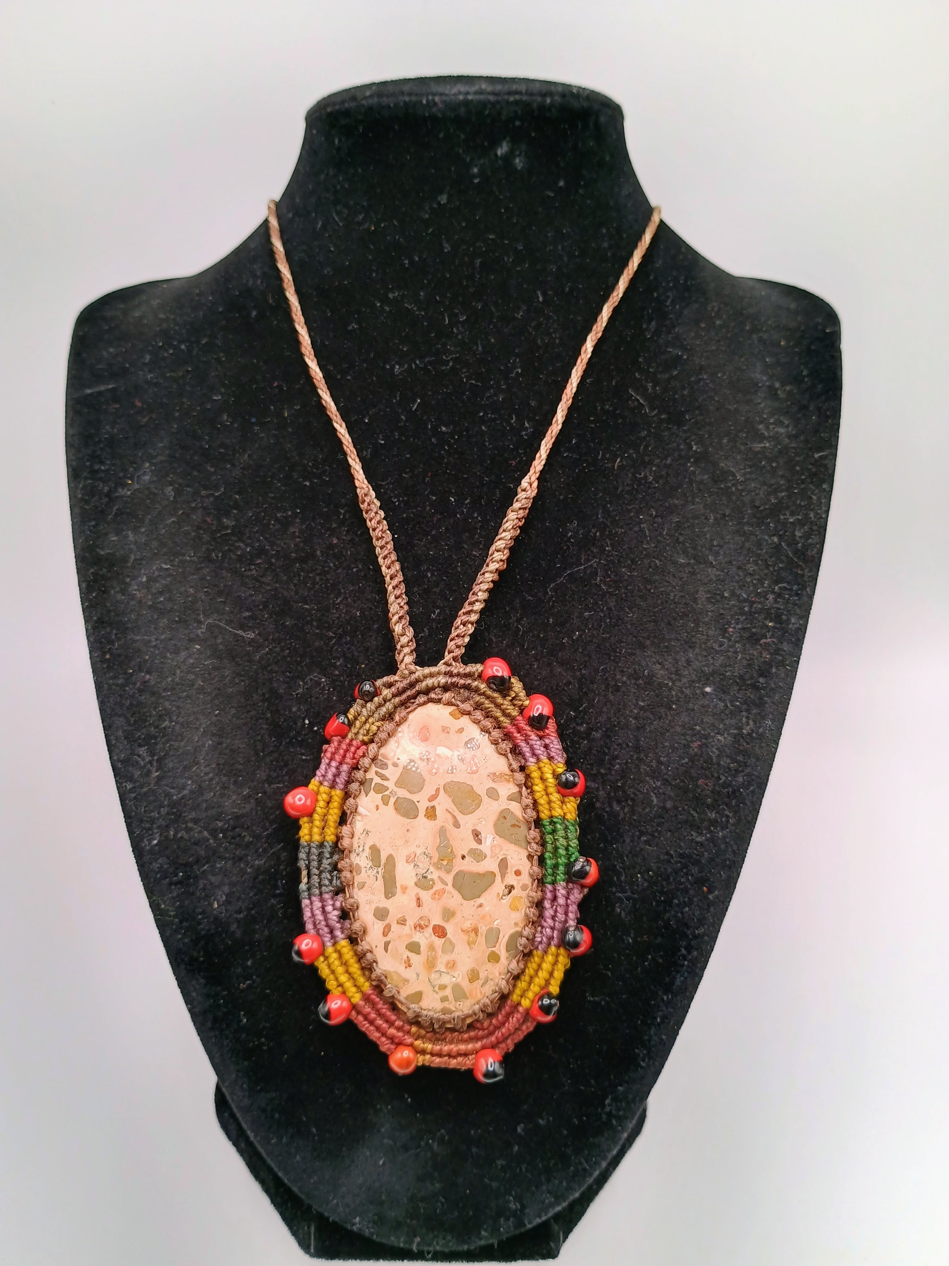 Macrame Necklace with Leopardite Stone and Huayruro Seeds - Spiritual Amulet