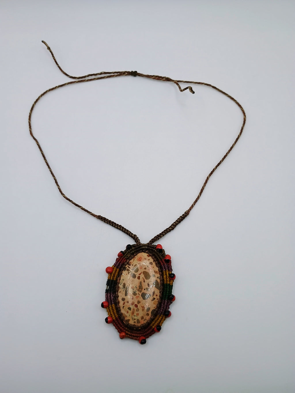 Macrame Necklace with Leopardite Stone and Huayruro Seeds - Spiritual Amulet