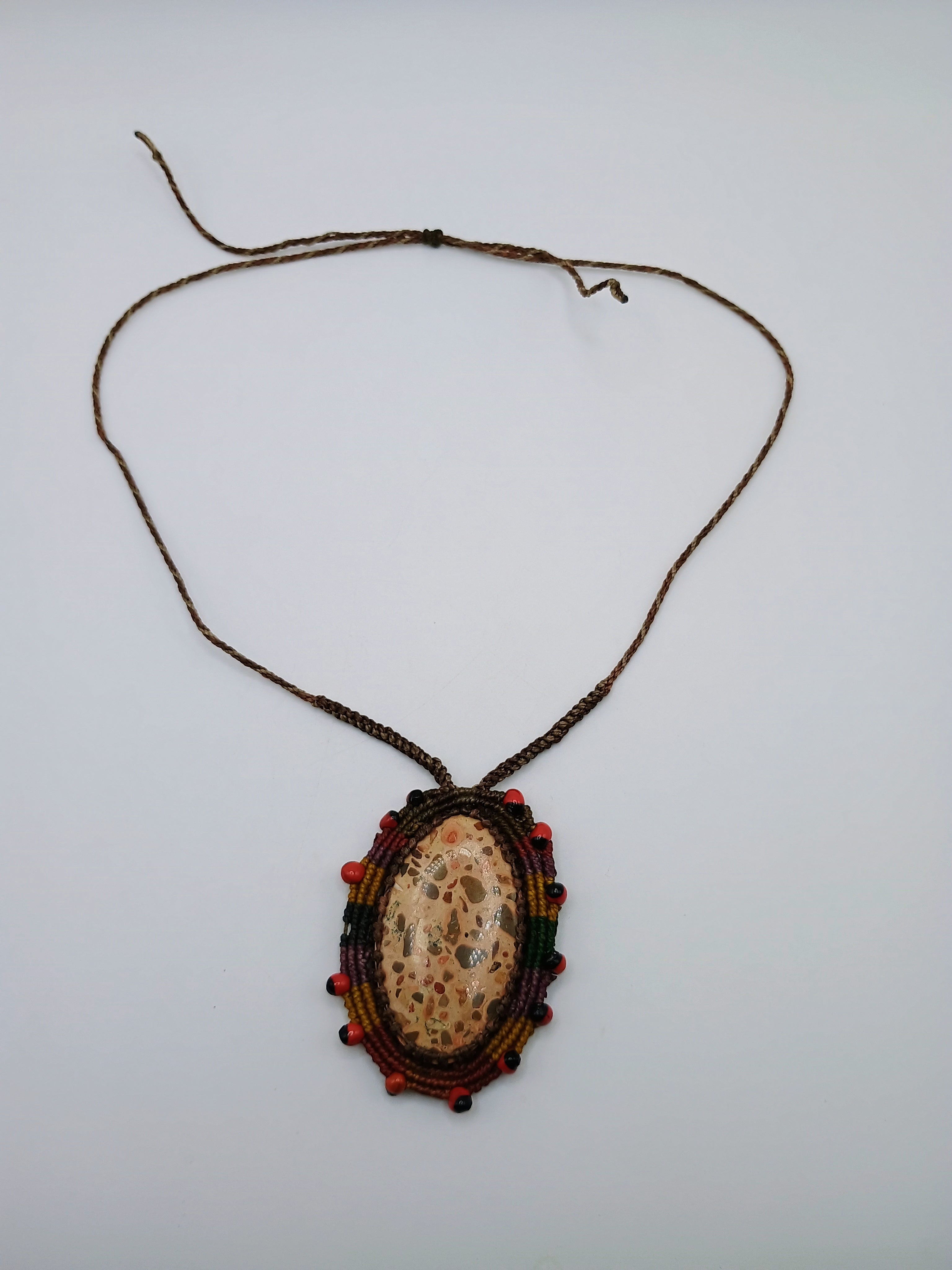Macrame Necklace with Leopardite Stone and Huayruro Seeds - Spiritual Amulet