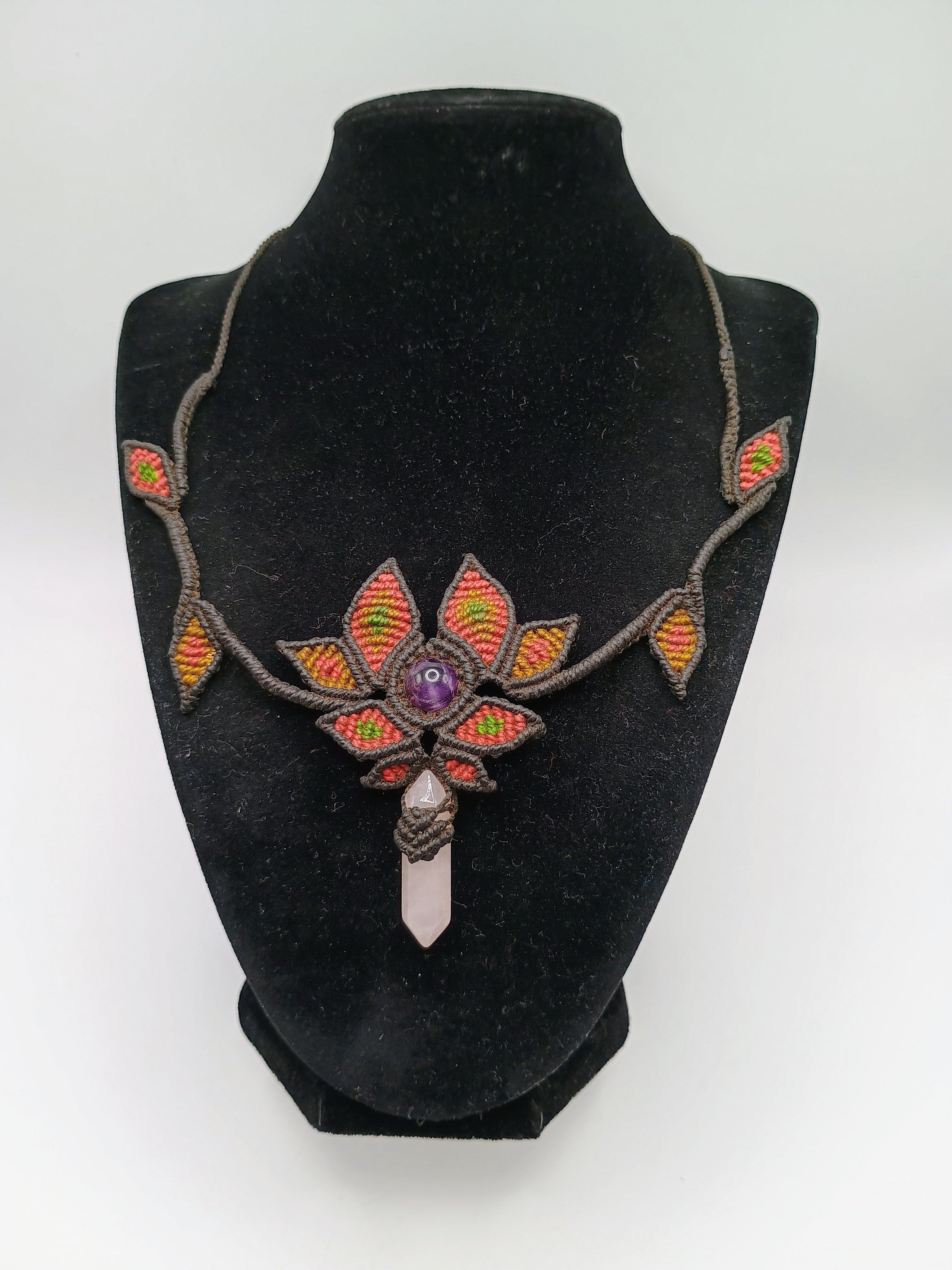 Handmade Macrame Necklace with Rose Quartz and Amethyst - Spiritual Amulet