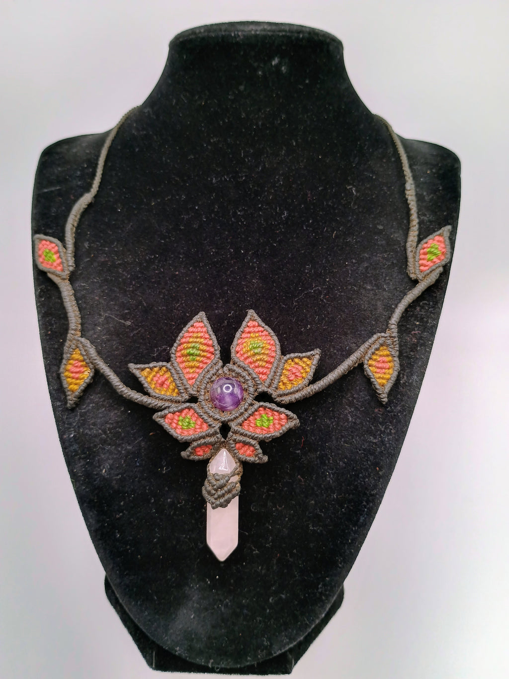 Handmade Macrame Necklace with Rose Quartz and Amethyst - Spiritual Amulet