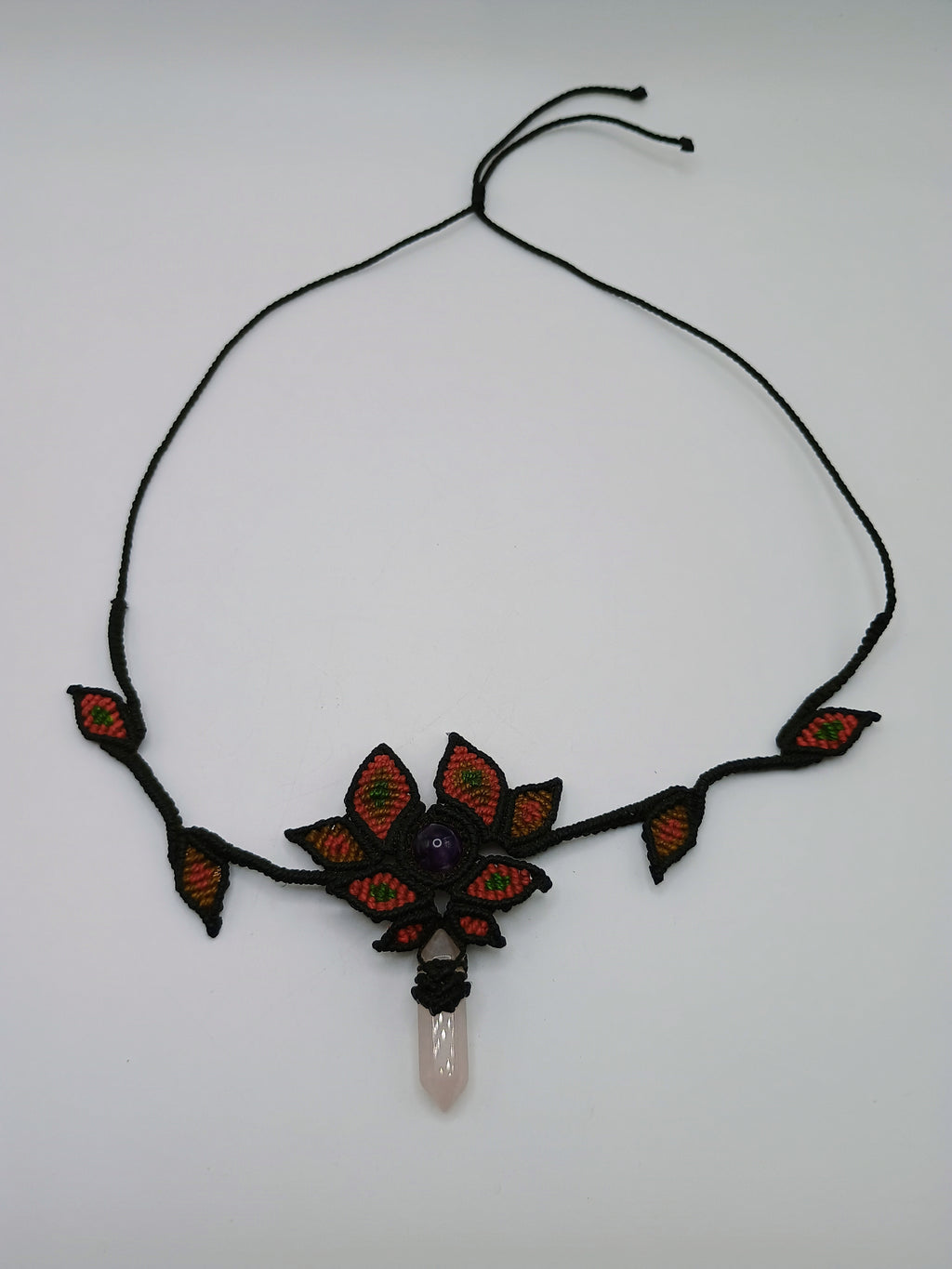 Handmade Macrame Necklace with Rose Quartz and Amethyst - Spiritual Amulet